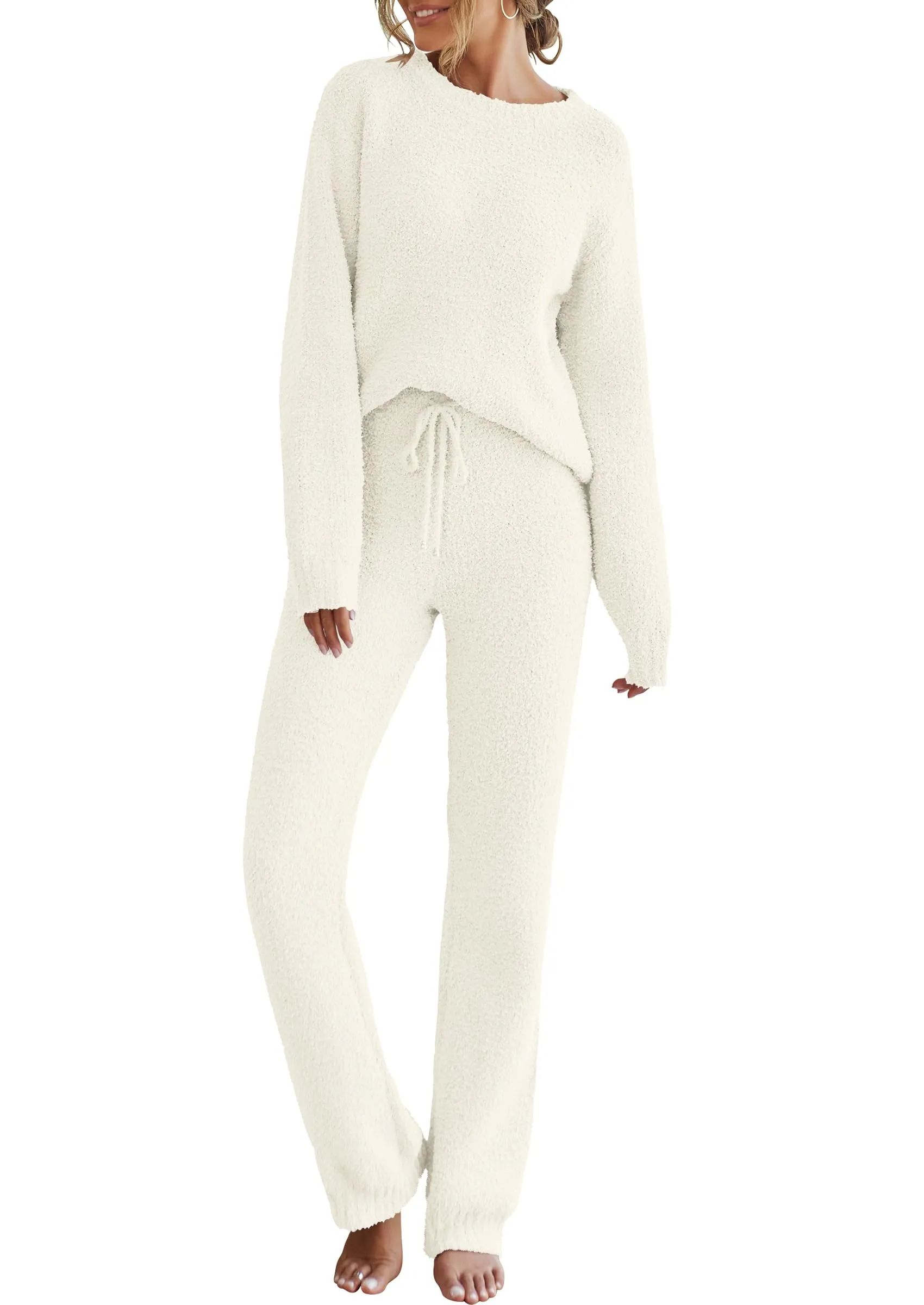 MEROKEETY Fuzzy Fleece Long Sleeve Sweater Pants Pajama Set