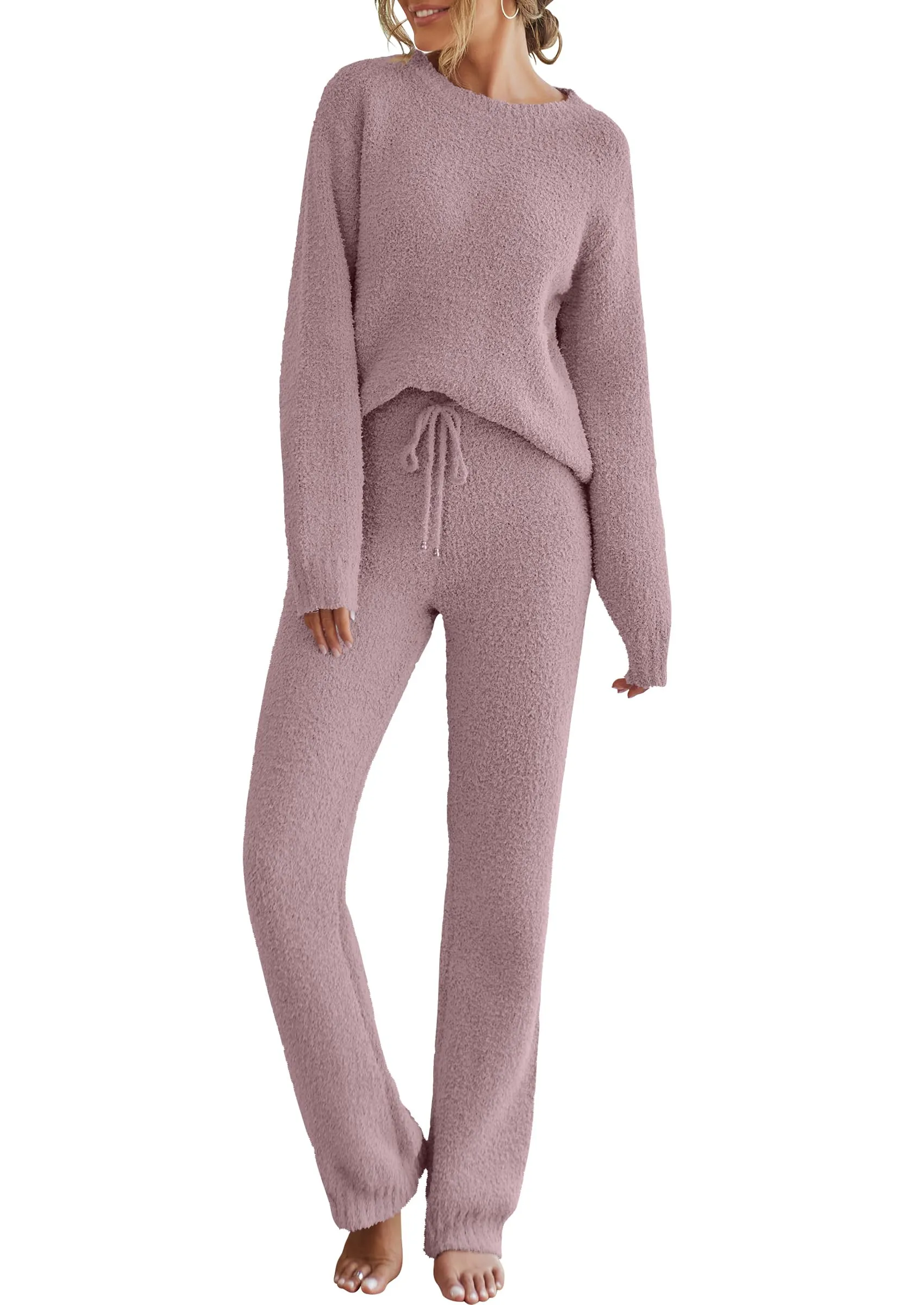MEROKEETY Fuzzy Fleece Long Sleeve Sweater Pants Pajama Set