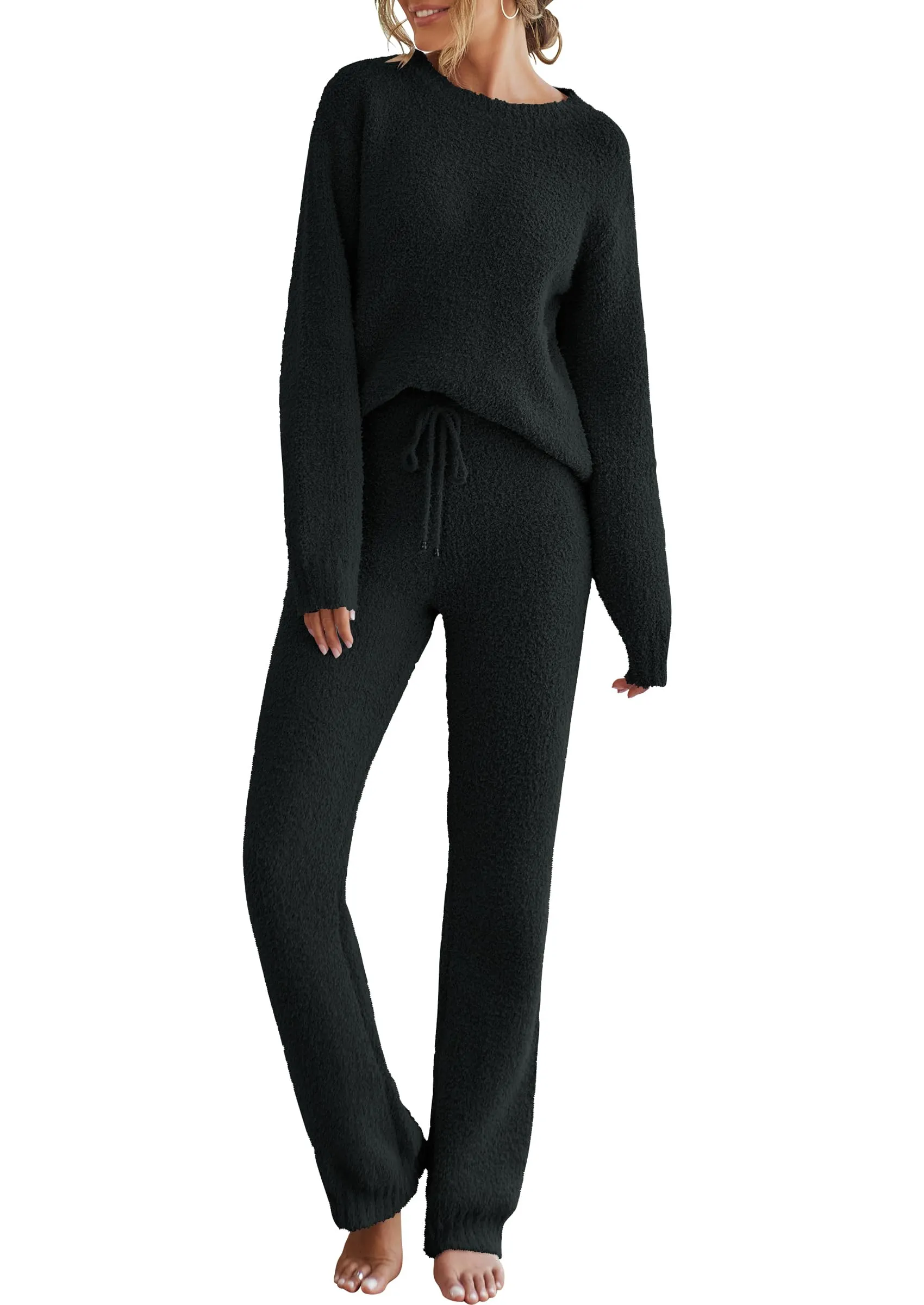 MEROKEETY Fuzzy Fleece Long Sleeve Sweater Pants Pajama Set