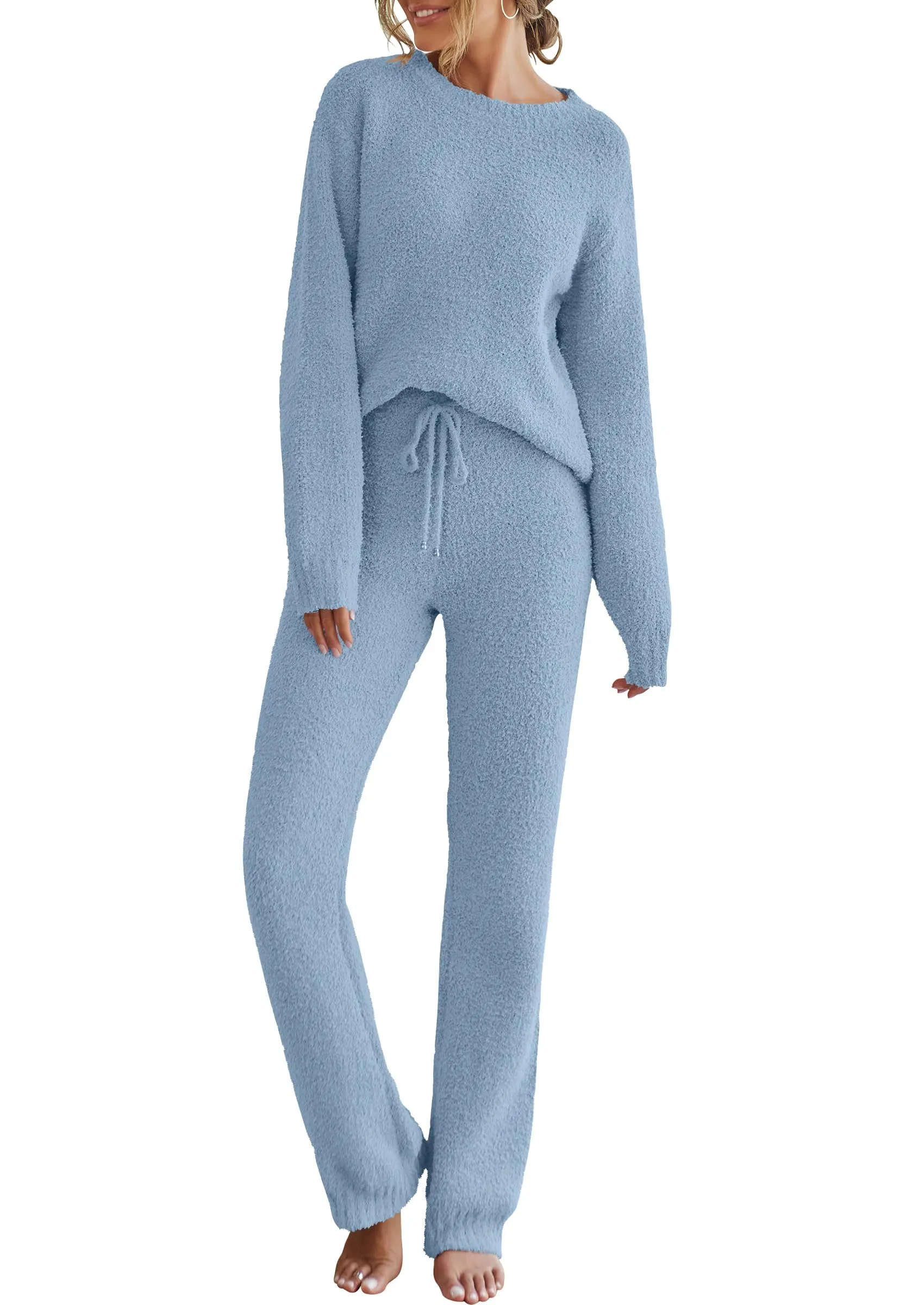 MEROKEETY Fuzzy Fleece Long Sleeve Sweater Pants Pajama Set