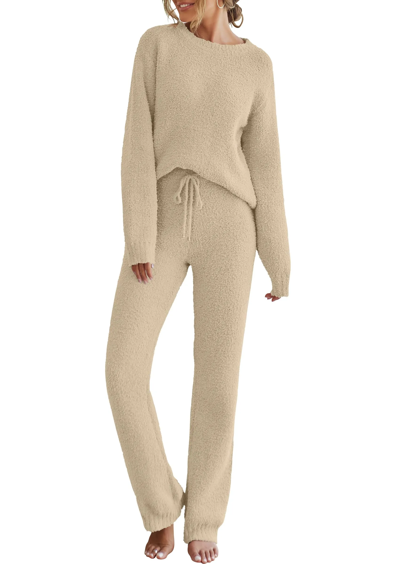 MEROKEETY Fuzzy Fleece Long Sleeve Sweater Pants Pajama Set