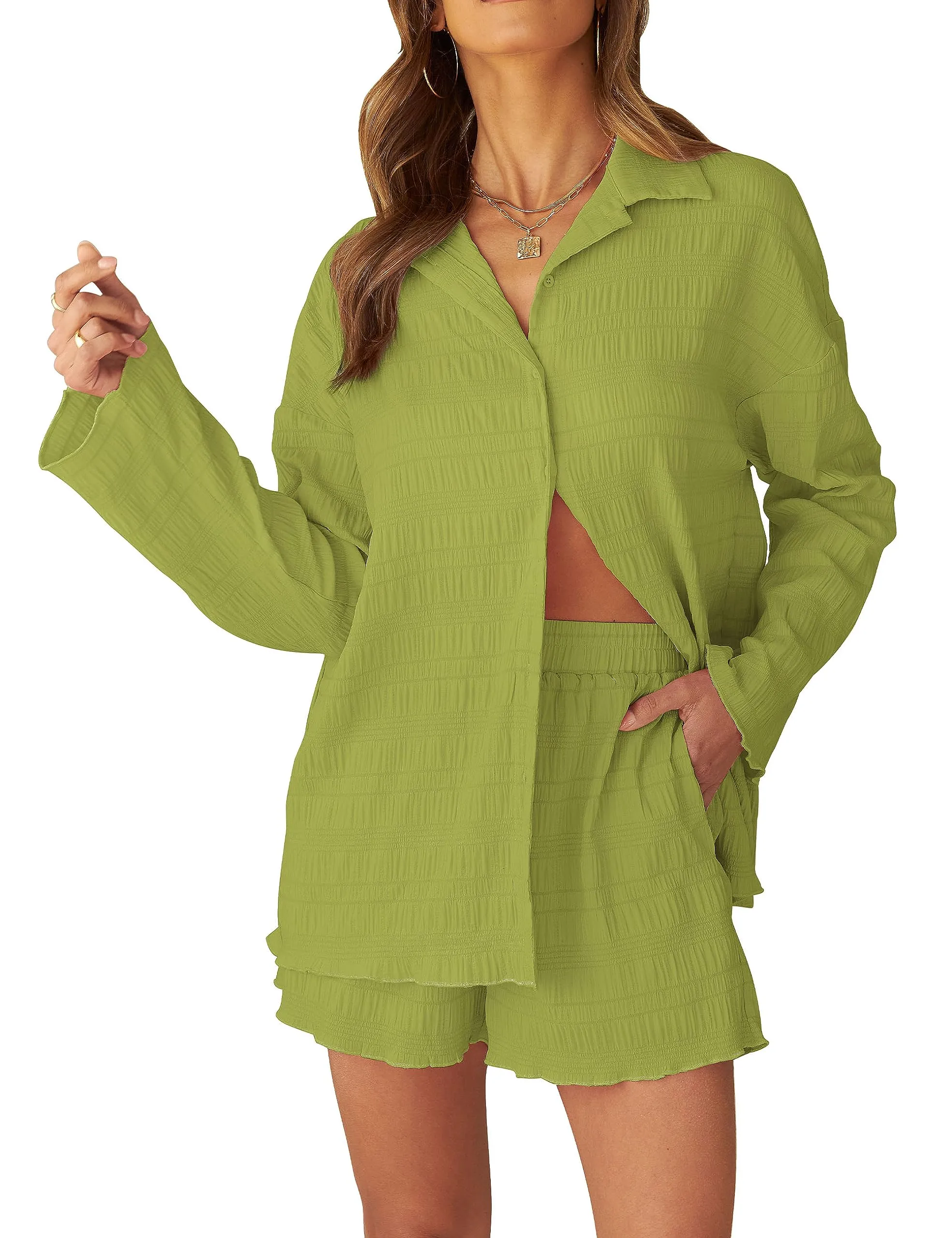 MEROKEETY Long Sleeve Button Down Textured Lounge Set