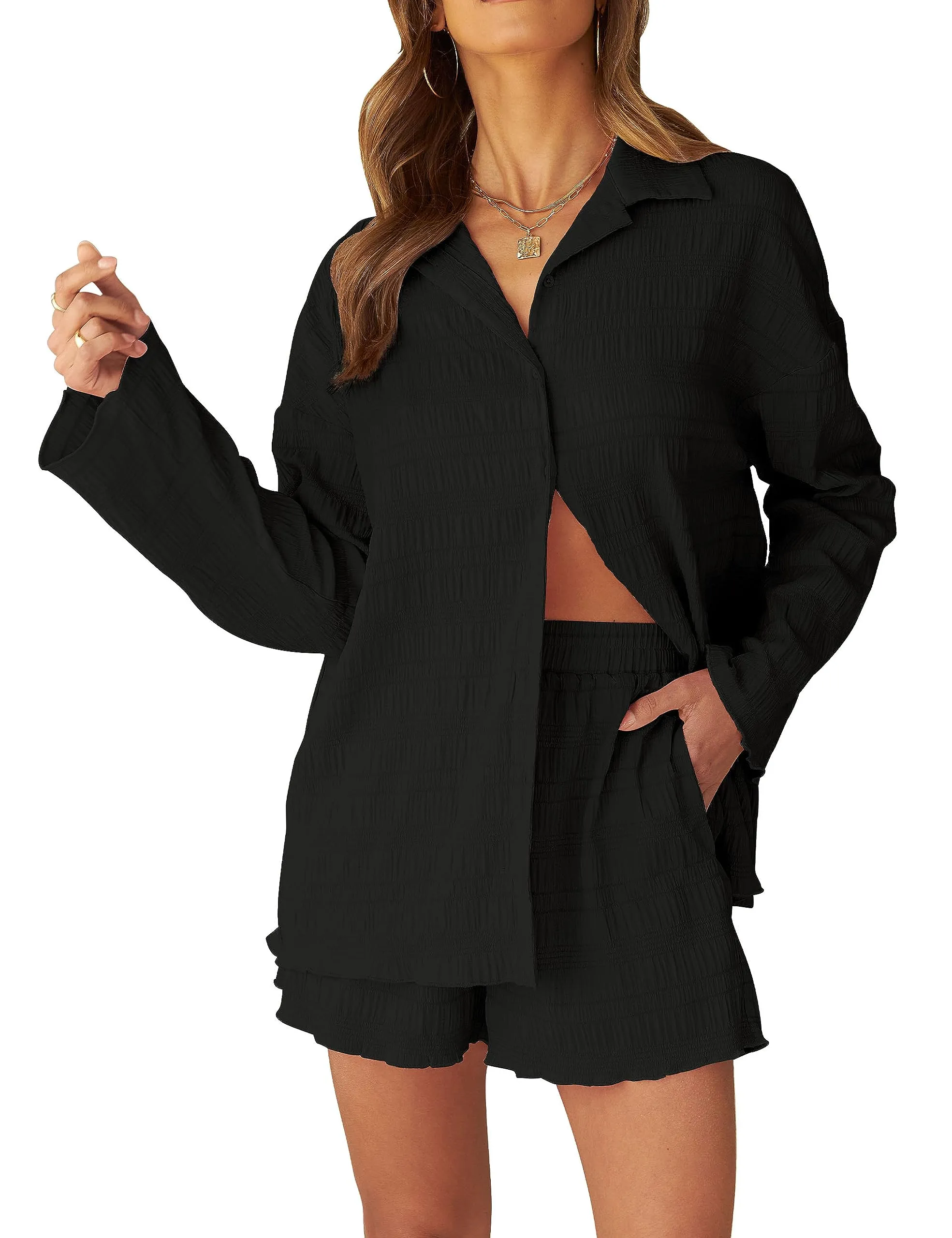 MEROKEETY Long Sleeve Button Down Textured Lounge Set