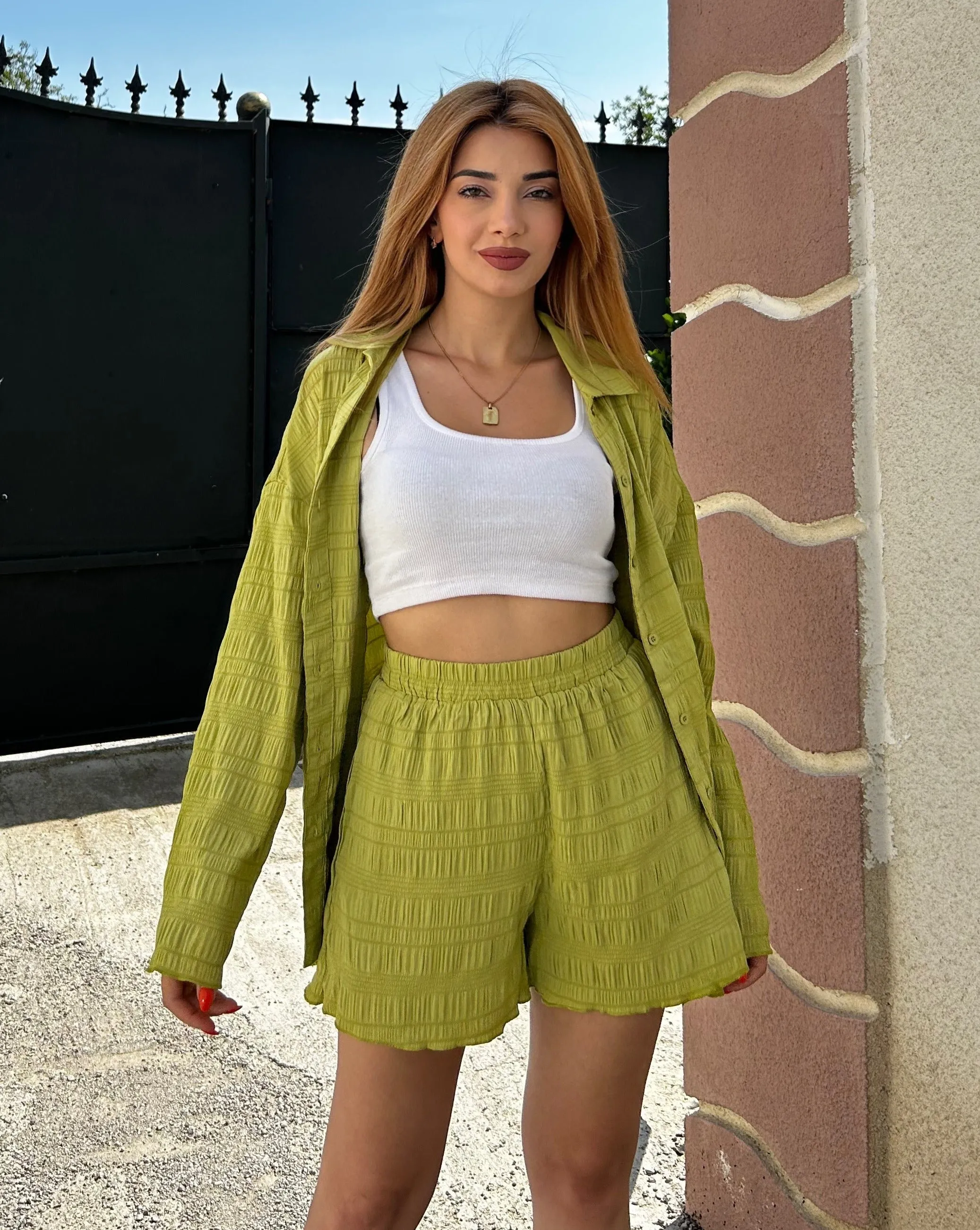 MEROKEETY Long Sleeve Button Down Textured Lounge Set