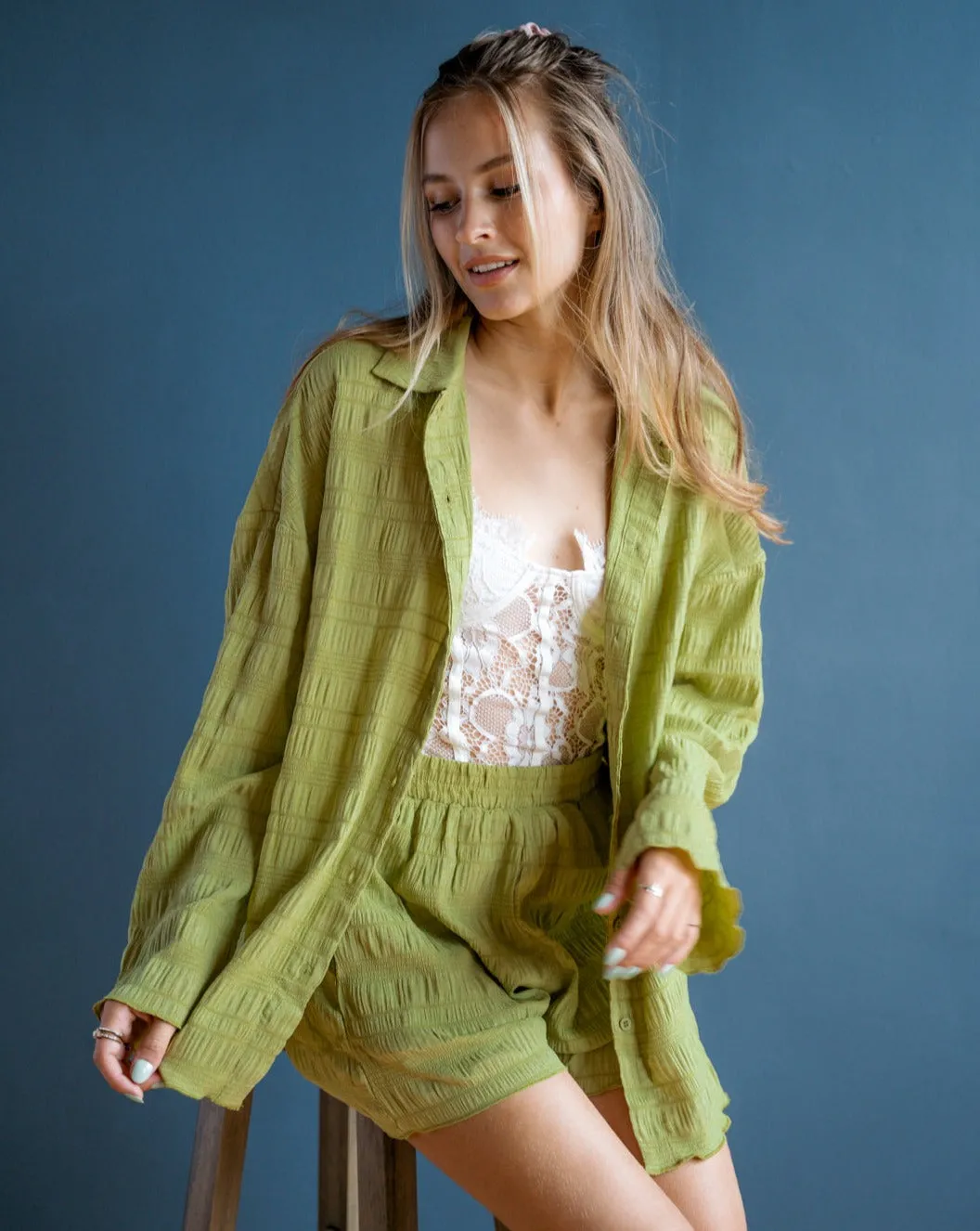 MEROKEETY Long Sleeve Button Down Textured Lounge Set