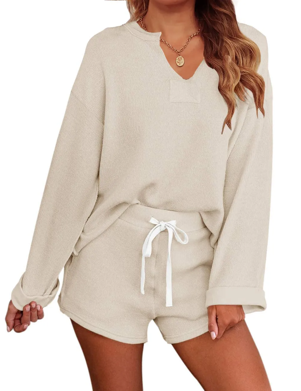 MEROKEETY Long Sleeve Knit Tops and Shorts Pajama Set