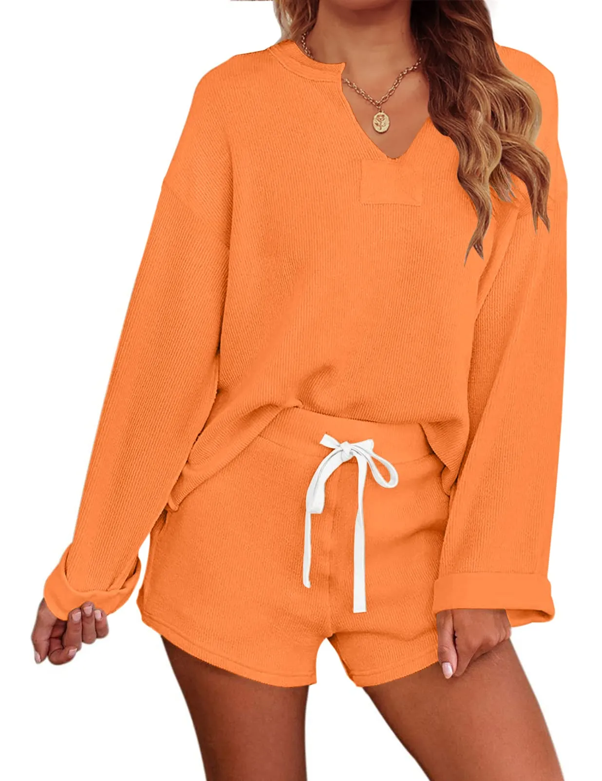 MEROKEETY Long Sleeve Knit Tops and Shorts Pajama Set