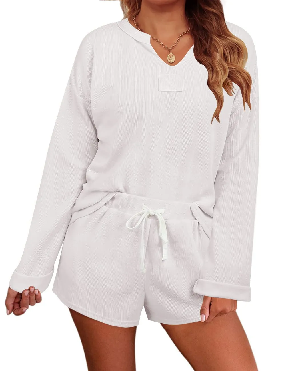 MEROKEETY Long Sleeve Knit Tops and Shorts Pajama Set