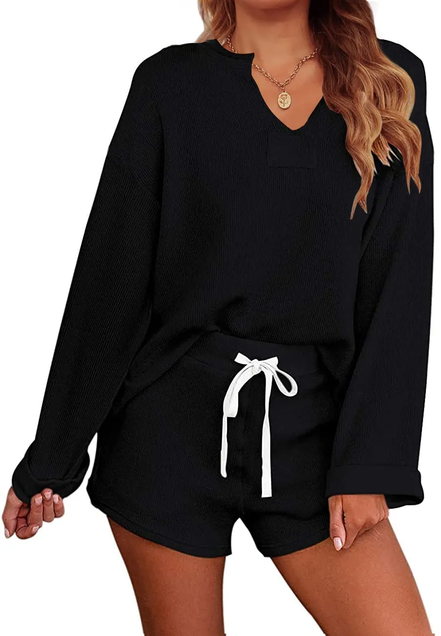 MEROKEETY Long Sleeve Knit Tops and Shorts Pajama Set