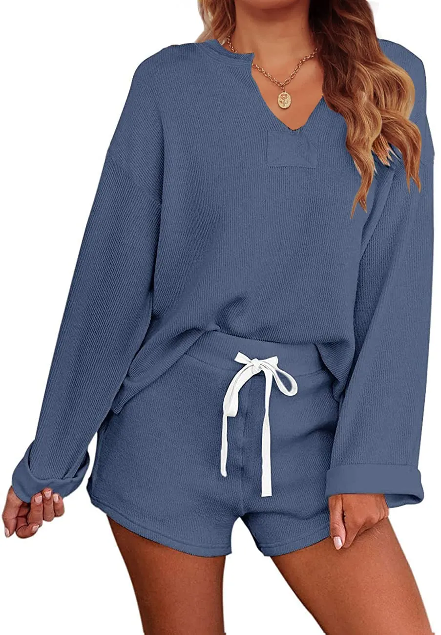 MEROKEETY Long Sleeve Knit Tops and Shorts Pajama Set