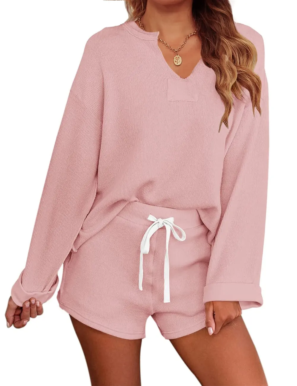 MEROKEETY Long Sleeve Knit Tops and Shorts Pajama Set