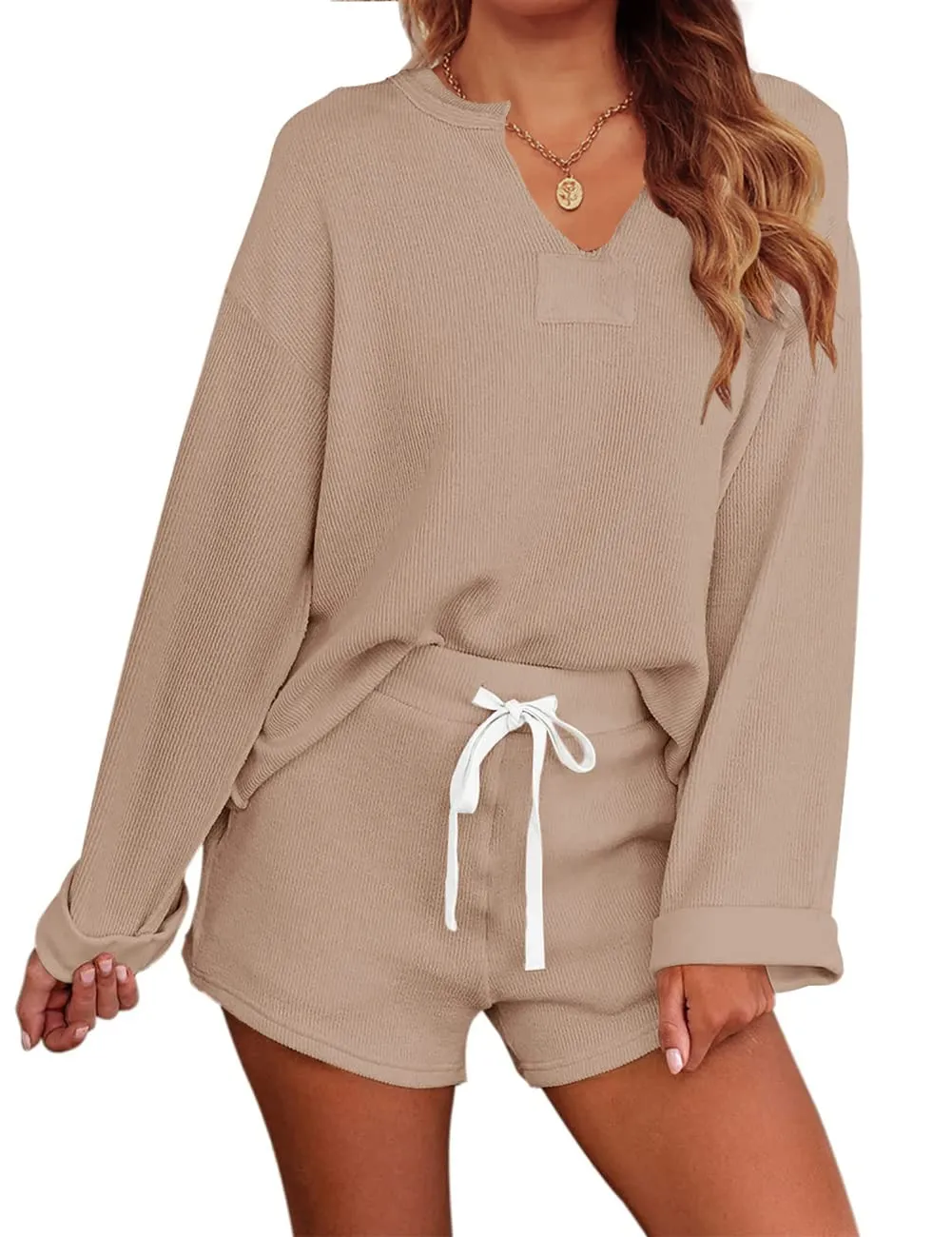 MEROKEETY Long Sleeve Knit Tops and Shorts Pajama Set