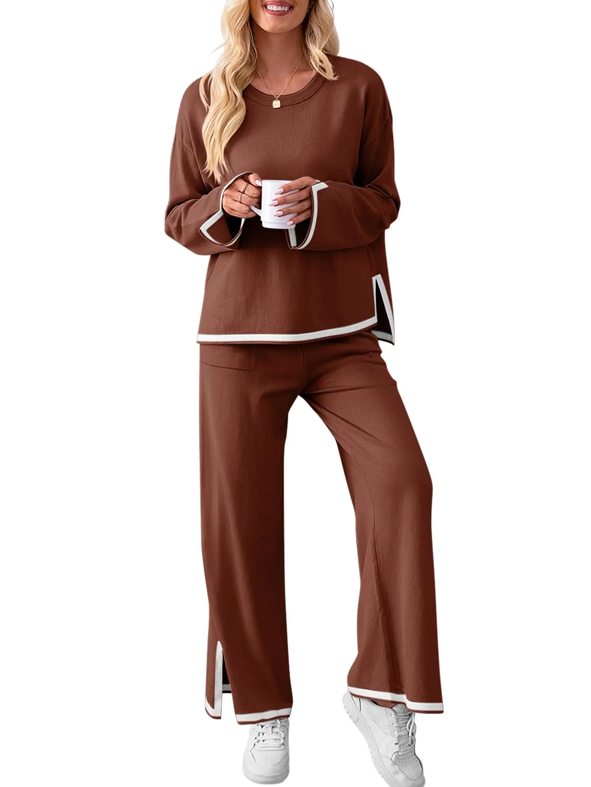 MEROKEETY Oversized Sweater Top Wide Leg Pants Knit Lounge Set