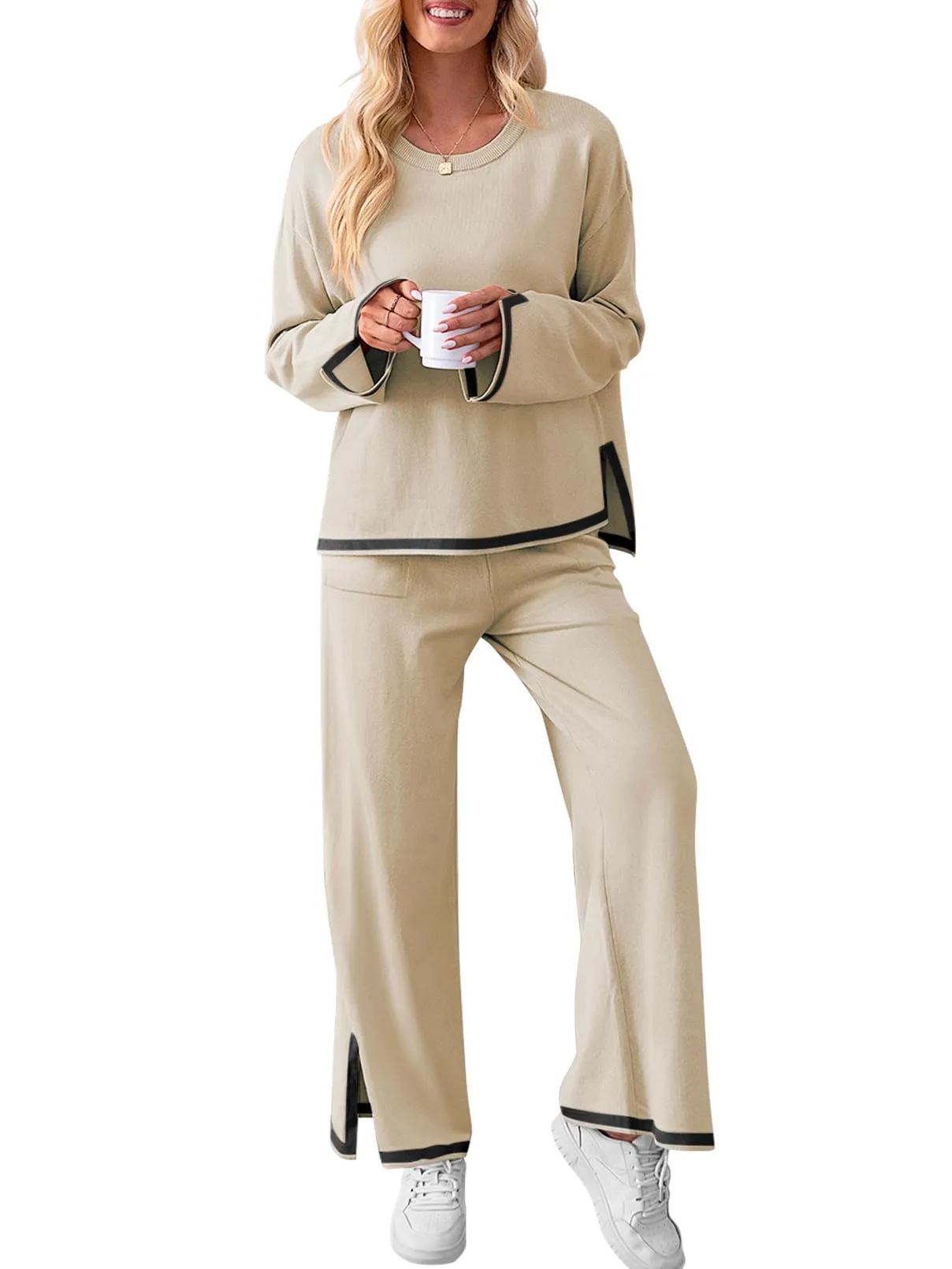 MEROKEETY Oversized Sweater Top Wide Leg Pants Knit Lounge Set