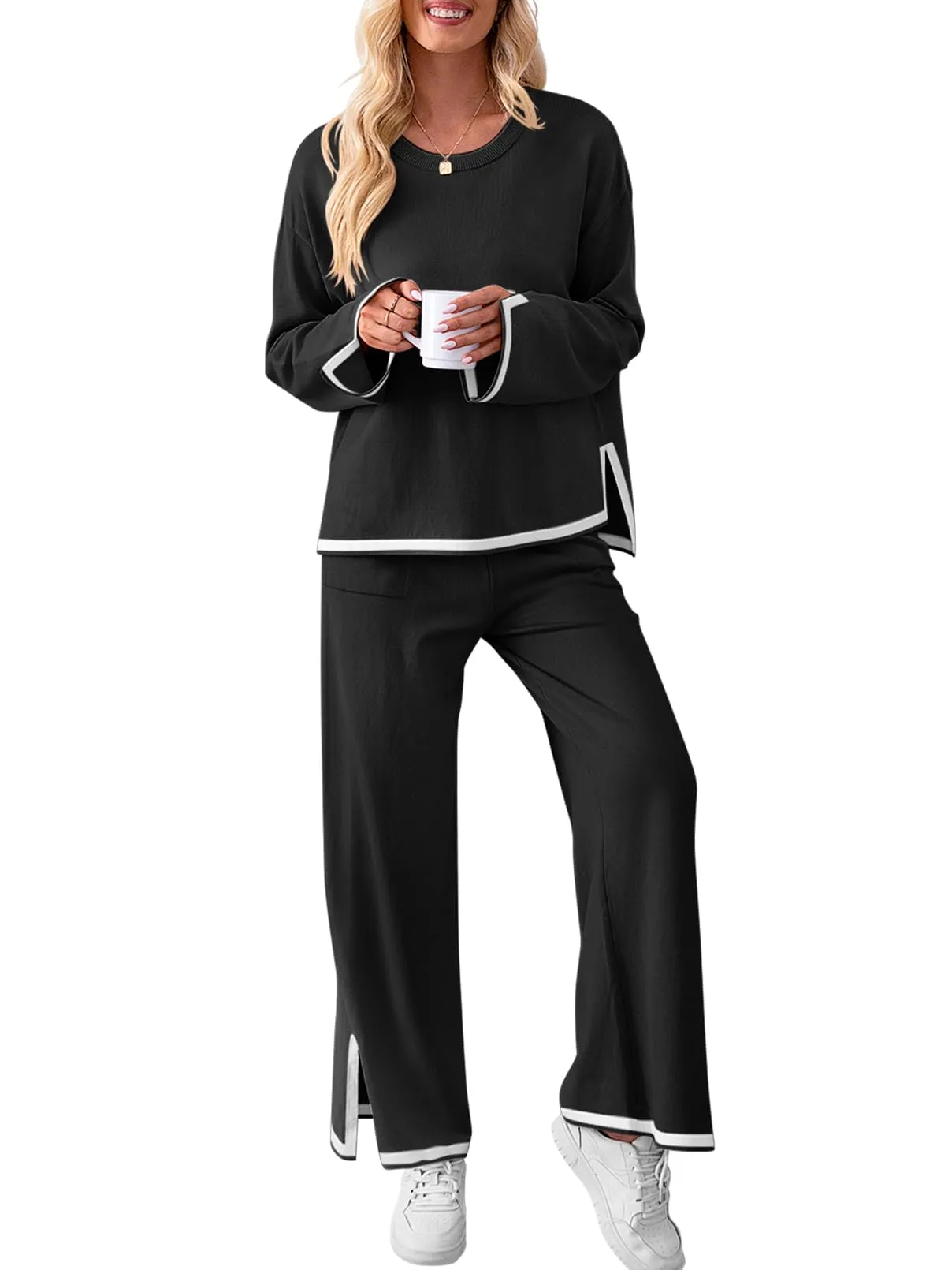 MEROKEETY Oversized Sweater Top Wide Leg Pants Knit Lounge Set