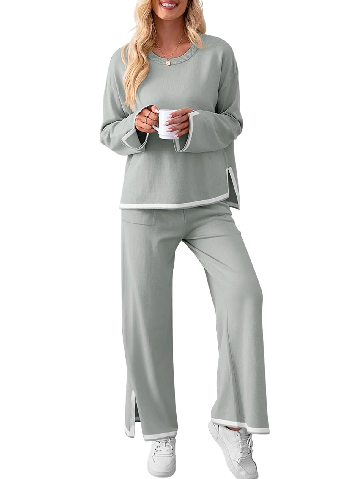 MEROKEETY Oversized Sweater Top Wide Leg Pants Knit Lounge Set