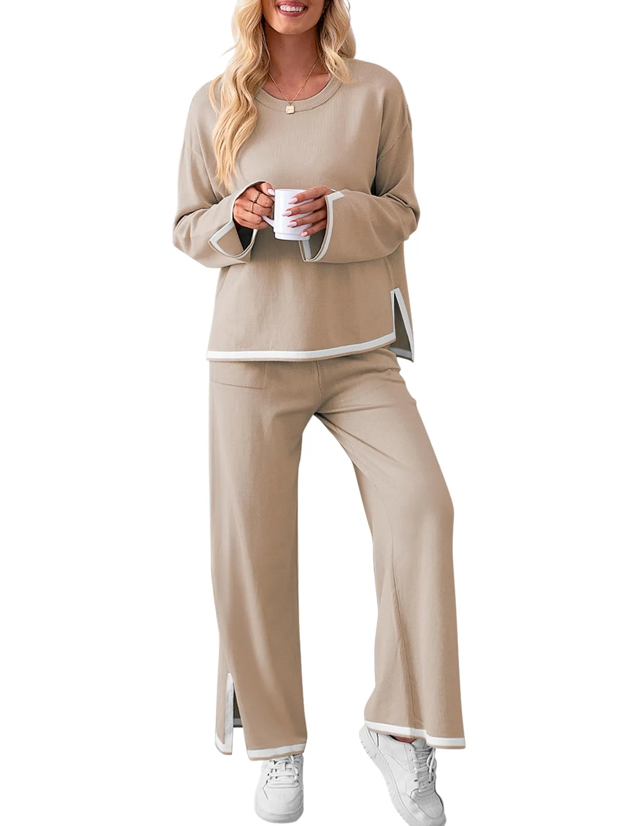 MEROKEETY Oversized Sweater Top Wide Leg Pants Knit Lounge Set