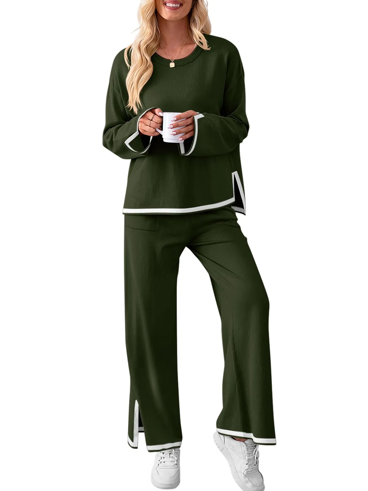 MEROKEETY Oversized Sweater Top Wide Leg Pants Knit Lounge Set