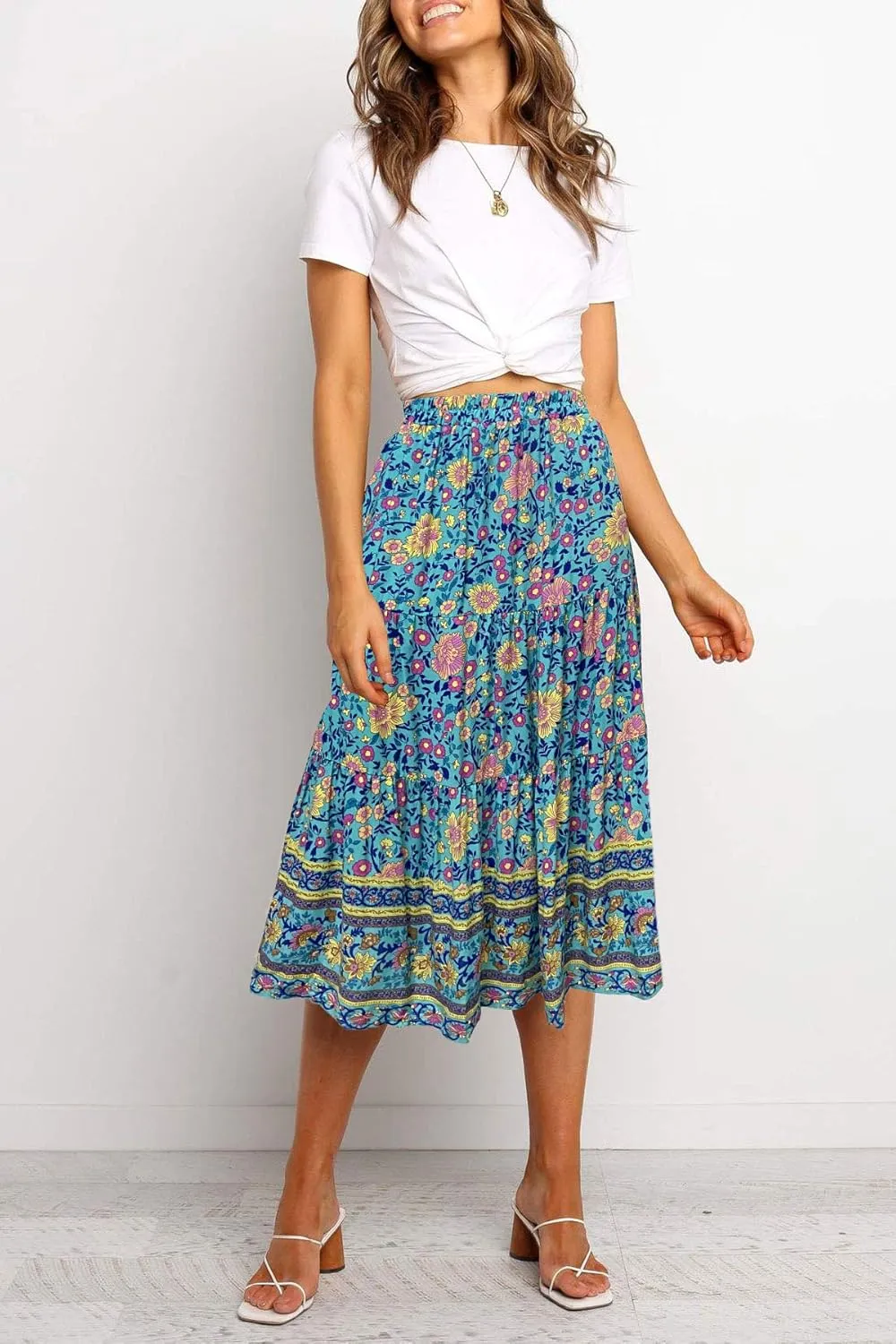 MEROKEETY Women's Boho Leopard Print Skirt Pleated A-Line Swing Midi Skirts