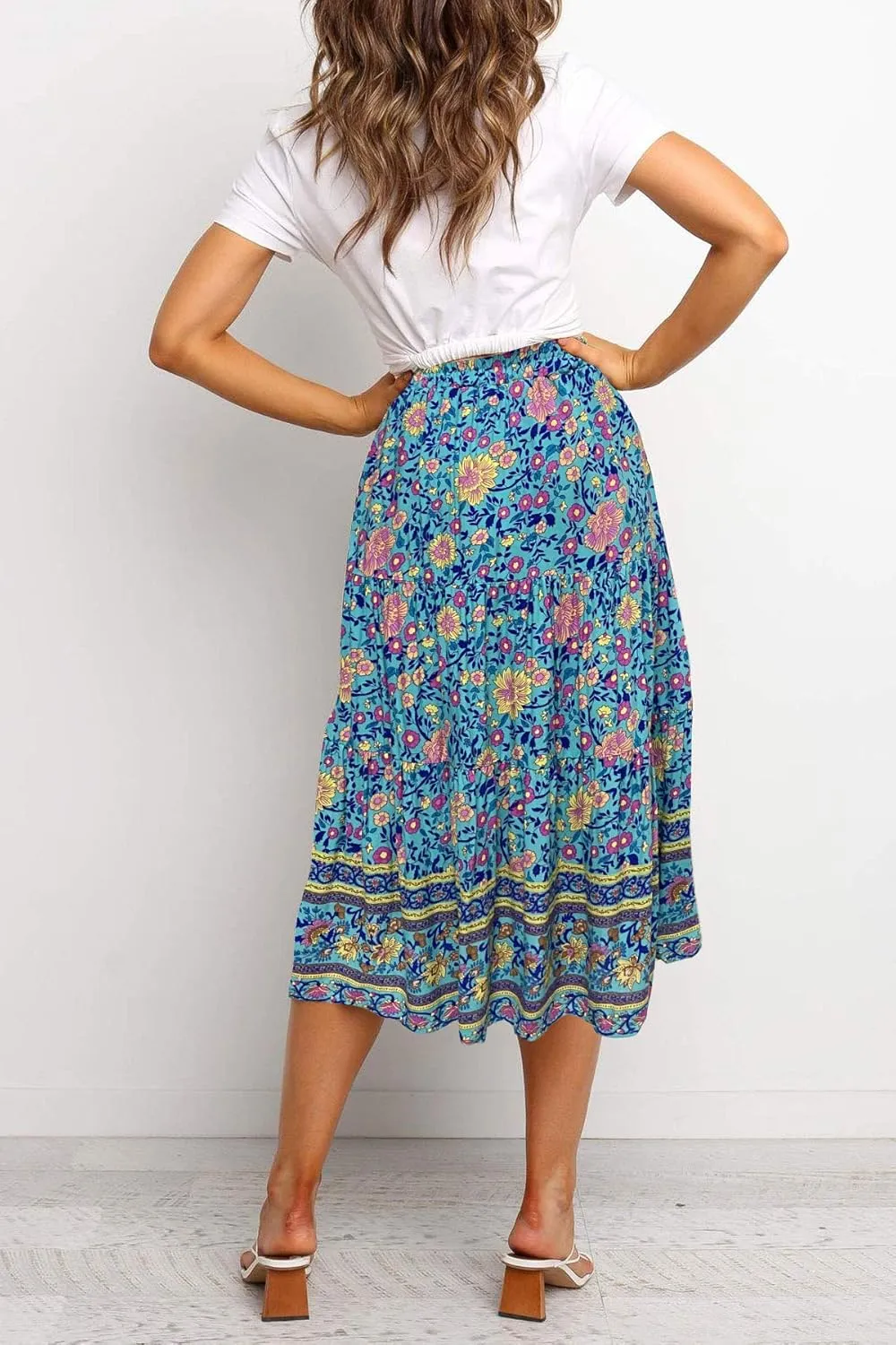 MEROKEETY Women's Boho Leopard Print Skirt Pleated A-Line Swing Midi Skirts