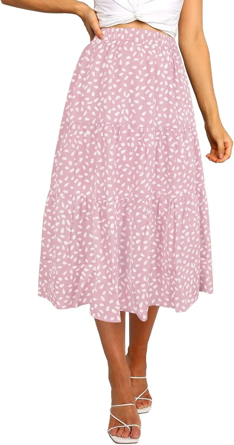 MEROKEETY Women's Boho Leopard Print Skirt Pleated A-Line Swing Midi Skirts