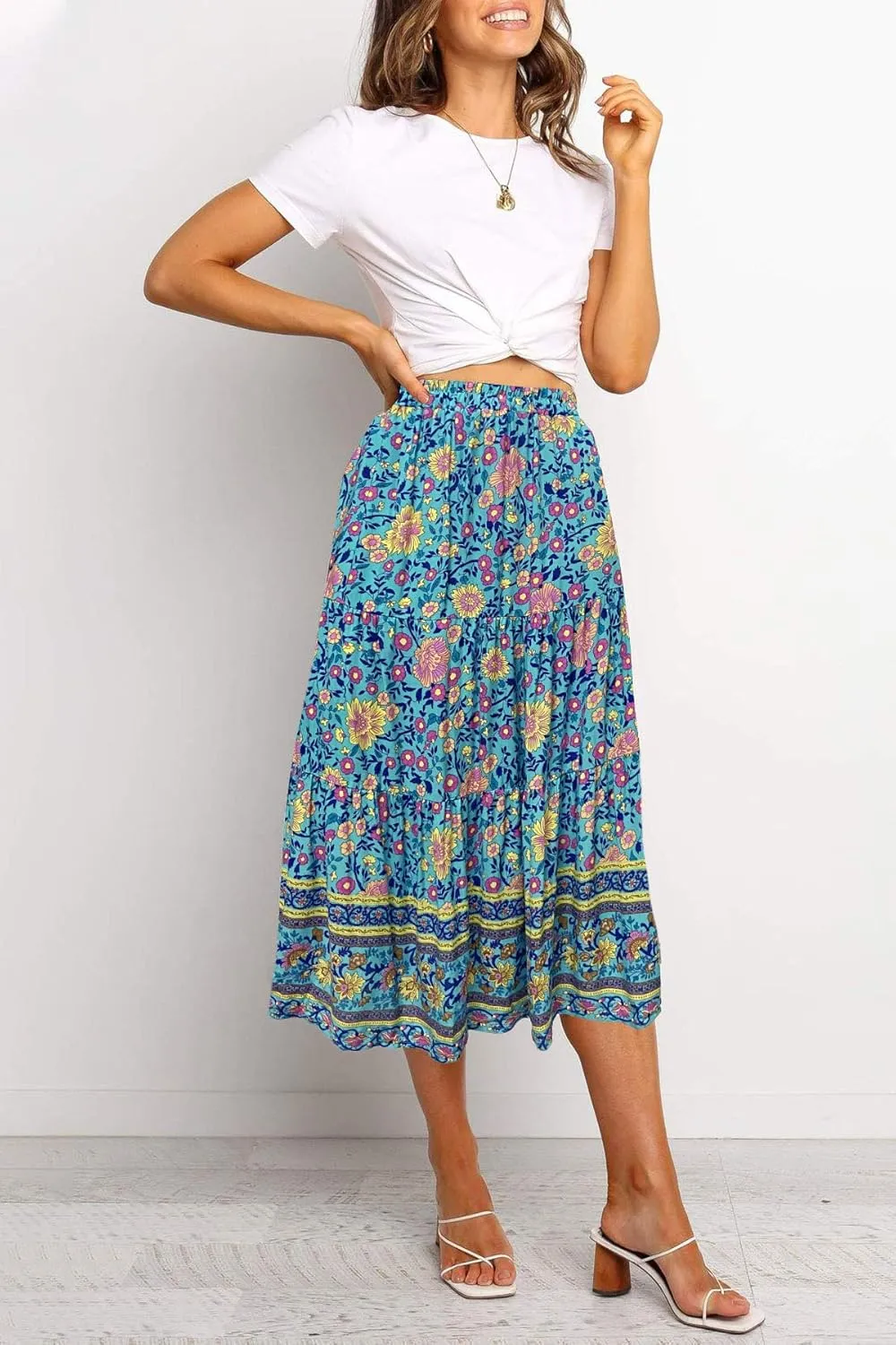 MEROKEETY Women's Boho Leopard Print Skirt Pleated A-Line Swing Midi Skirts