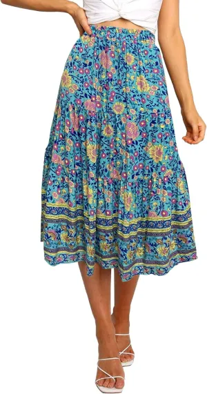 MEROKEETY Women's Boho Leopard Print Skirt Pleated A-Line Swing Midi Skirts
