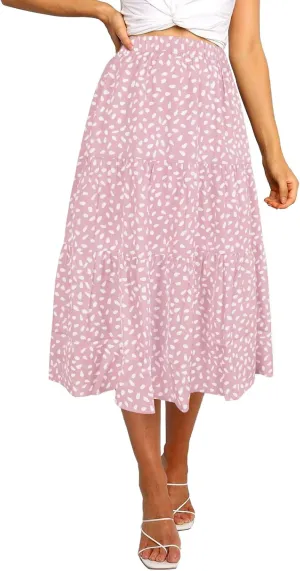 MEROKEETY Women's Boho Leopard Print Skirt Pleated A-Line Swing Midi Skirts