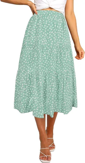 MEROKEETY Women's Boho Leopard Print Skirt Pleated A-Line Swing Midi Skirts