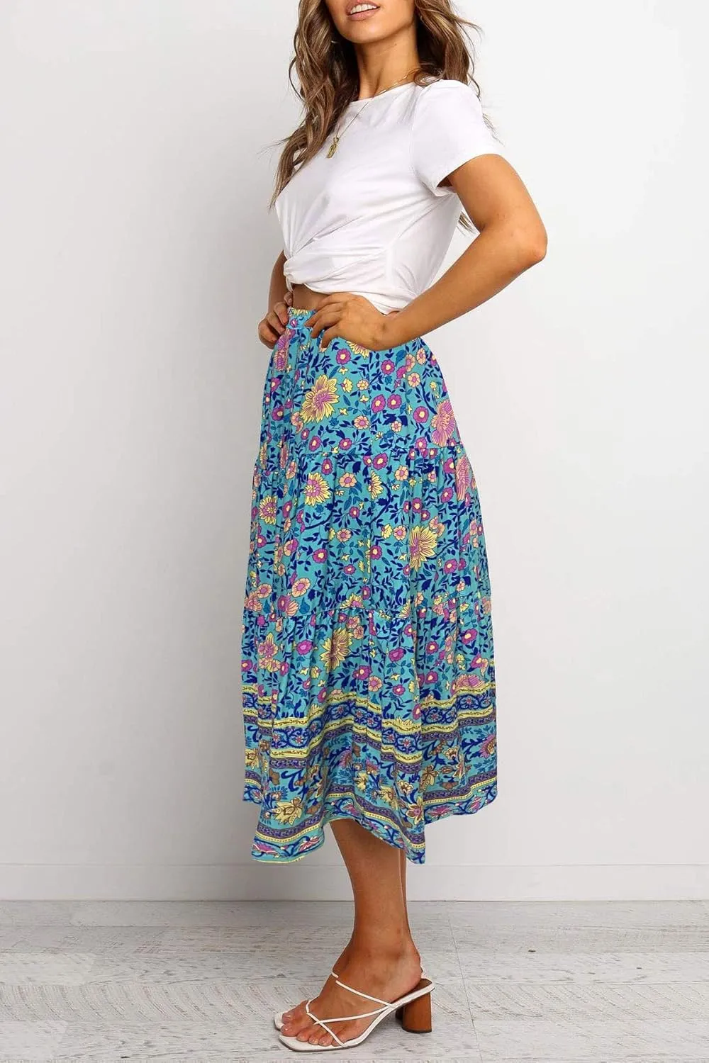 MEROKEETY Women's Boho Leopard Print Skirt Pleated A-Line Swing Midi Skirts