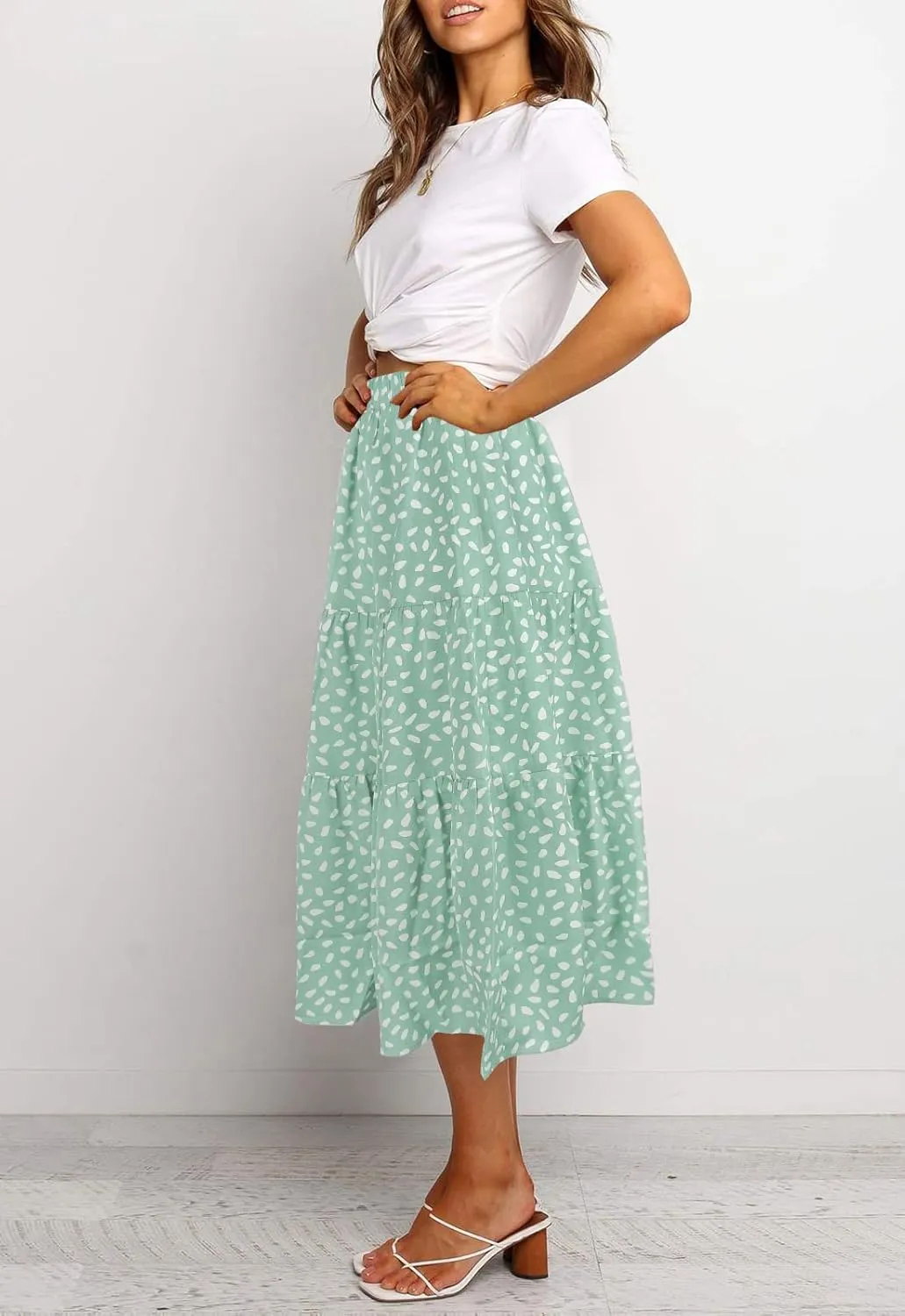 MEROKEETY Women's Boho Leopard Print Skirt Pleated A-Line Swing Midi Skirts