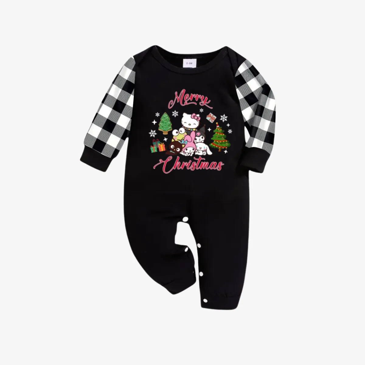 Merry Christmas Red Letter And Sanrio Cartoon Pattern Black&White Plaid Family Pajama Sets