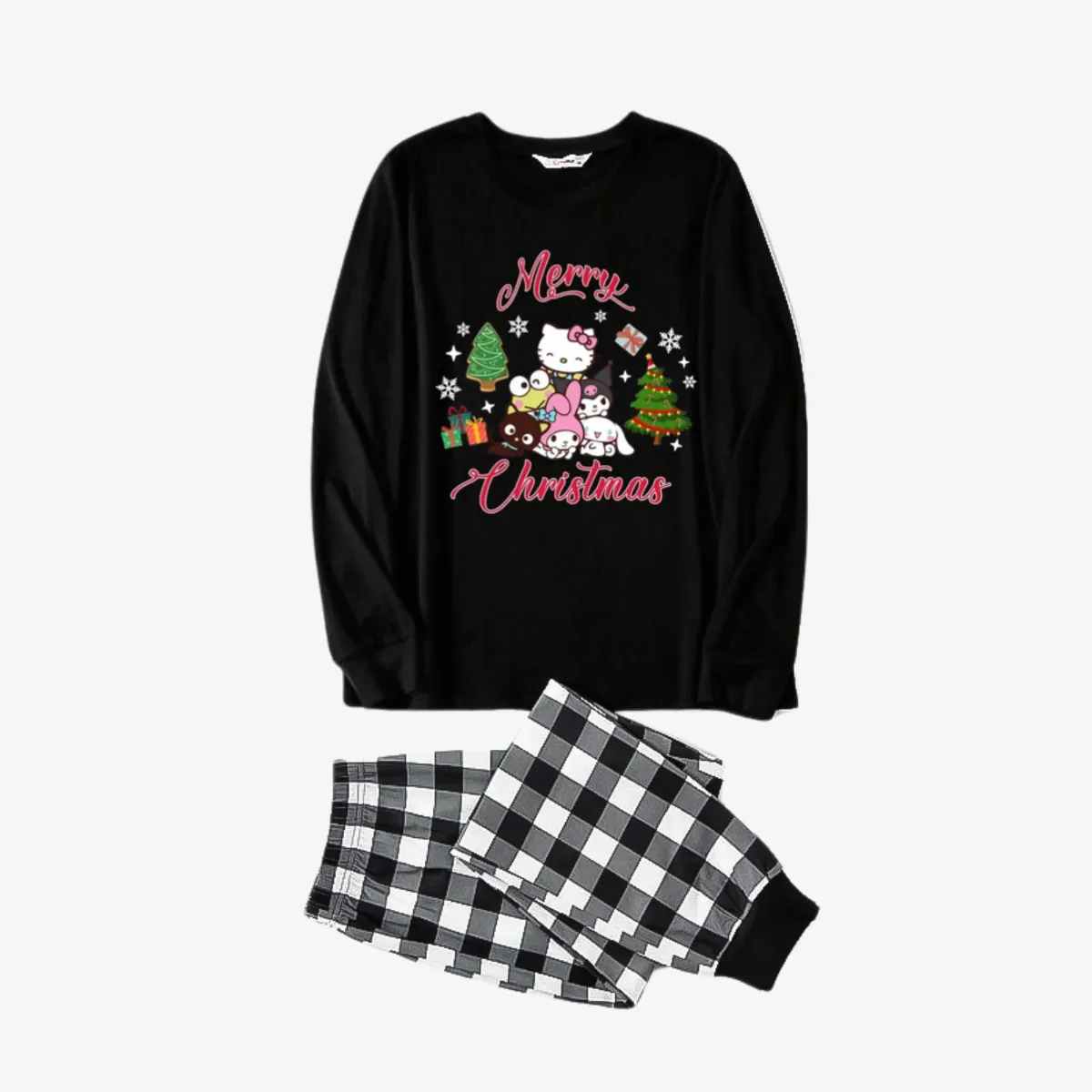 Merry Christmas Red Letter And Sanrio Cartoon Pattern Black&White Plaid Family Pajama Sets
