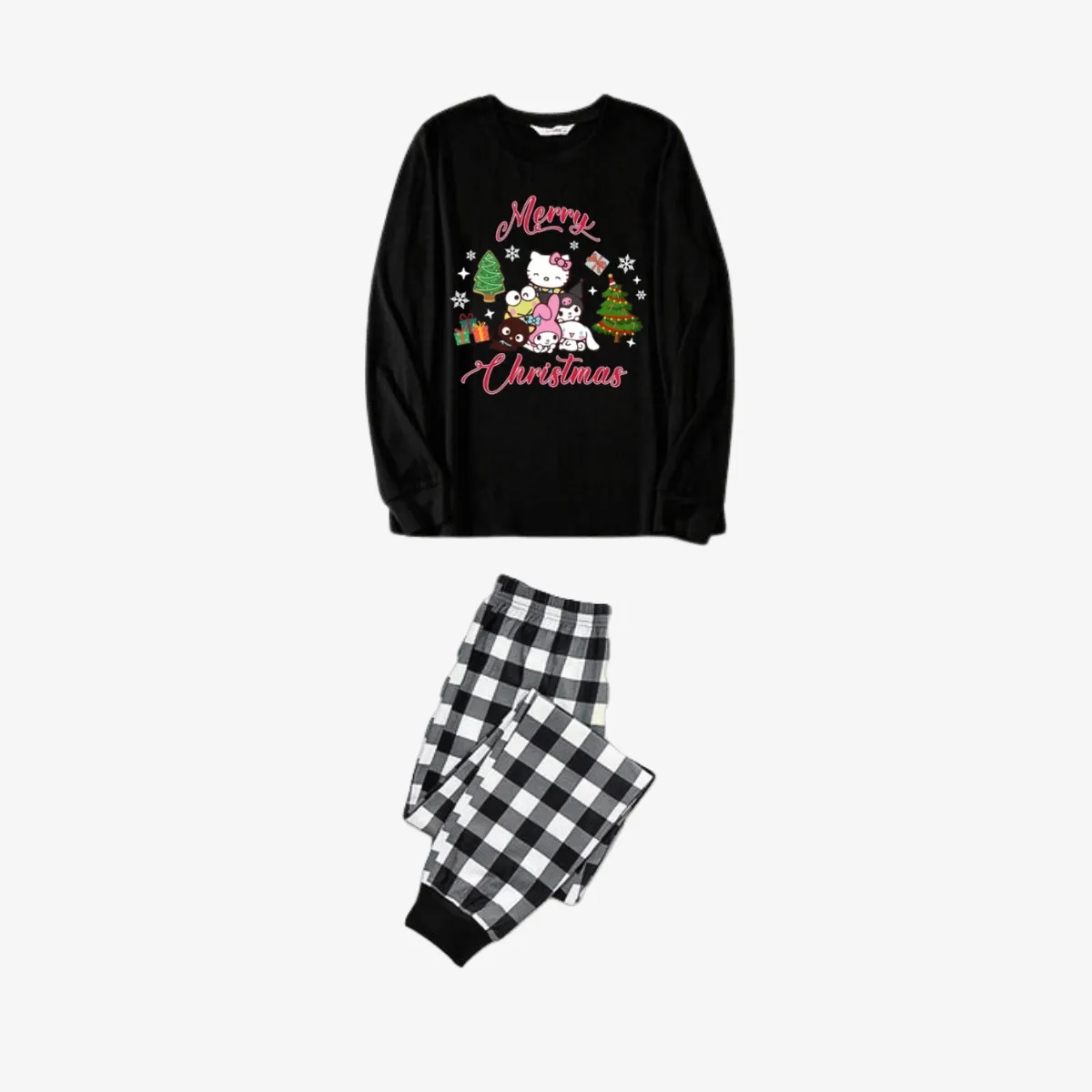 Merry Christmas Red Letter And Sanrio Cartoon Pattern Black&White Plaid Family Pajama Sets