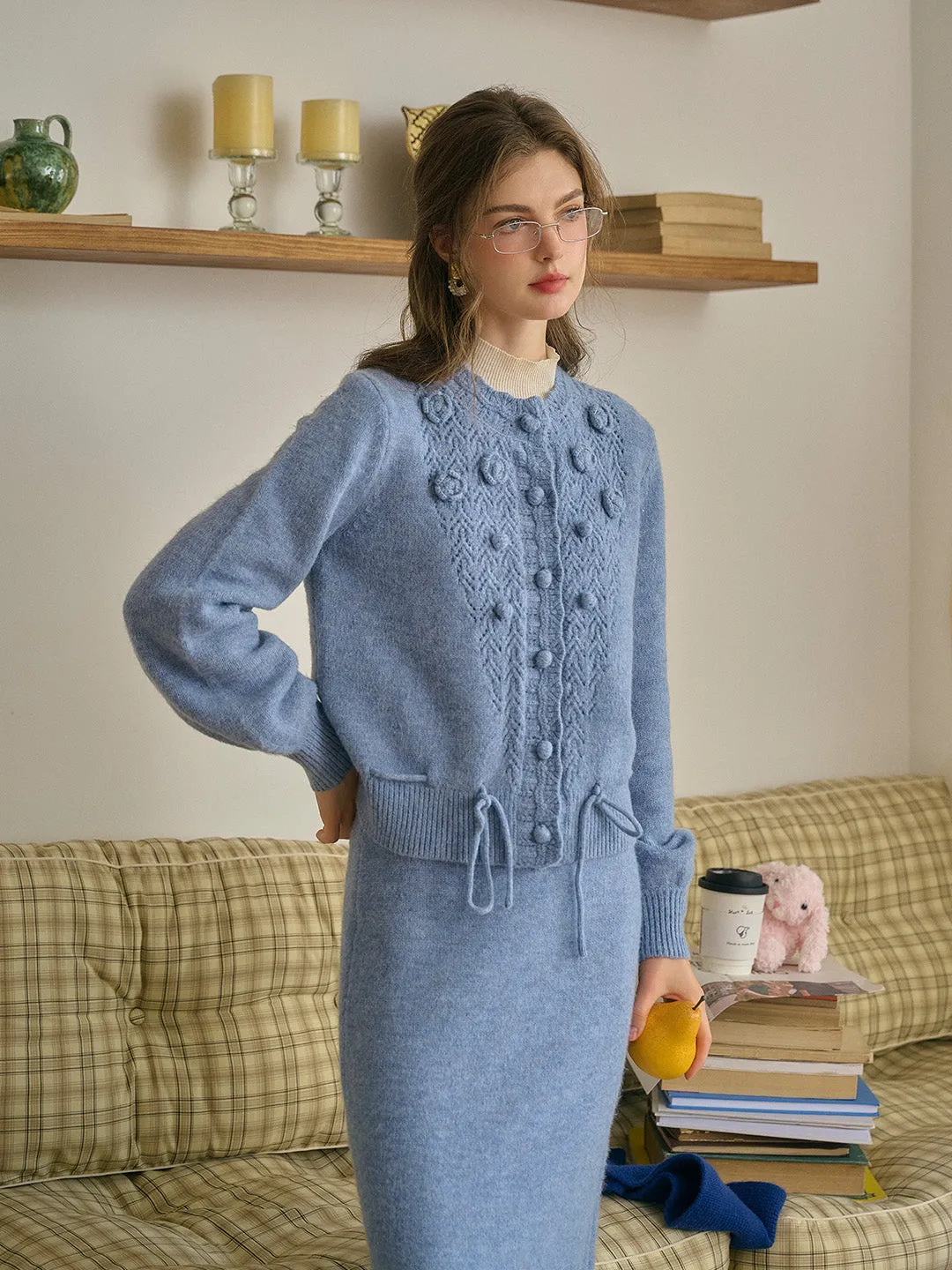 Maddie Round Neck Hollow 3D Flower Knitted Wool Cardigan - Red RibbedCollar