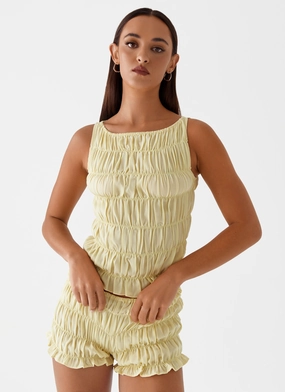 Grid Back Panel Messina Ruched Tank Top - Yellow