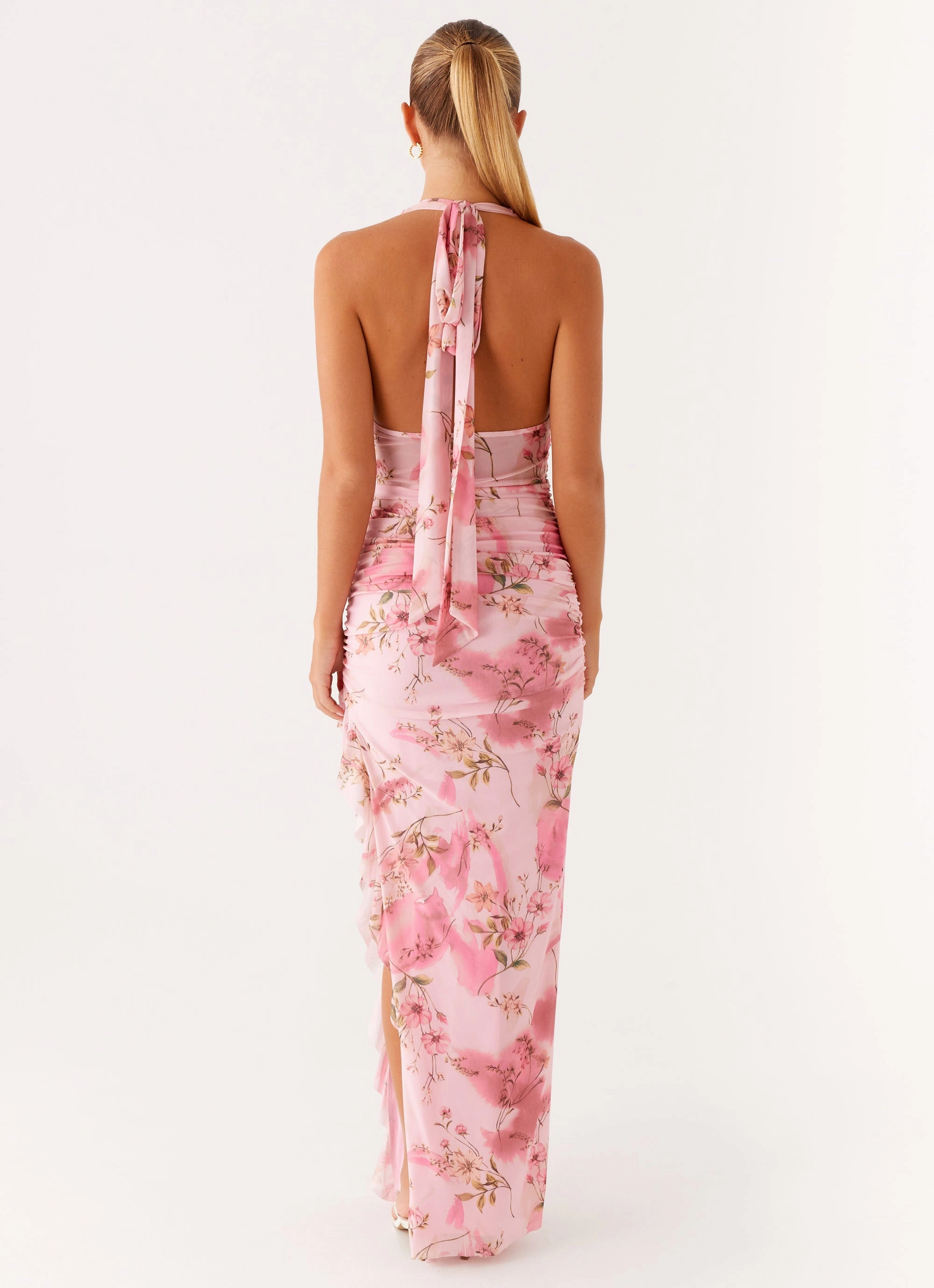 Micca Halter Maxi Dress - Pink Floral Print Chic Casual Wear Art Event
