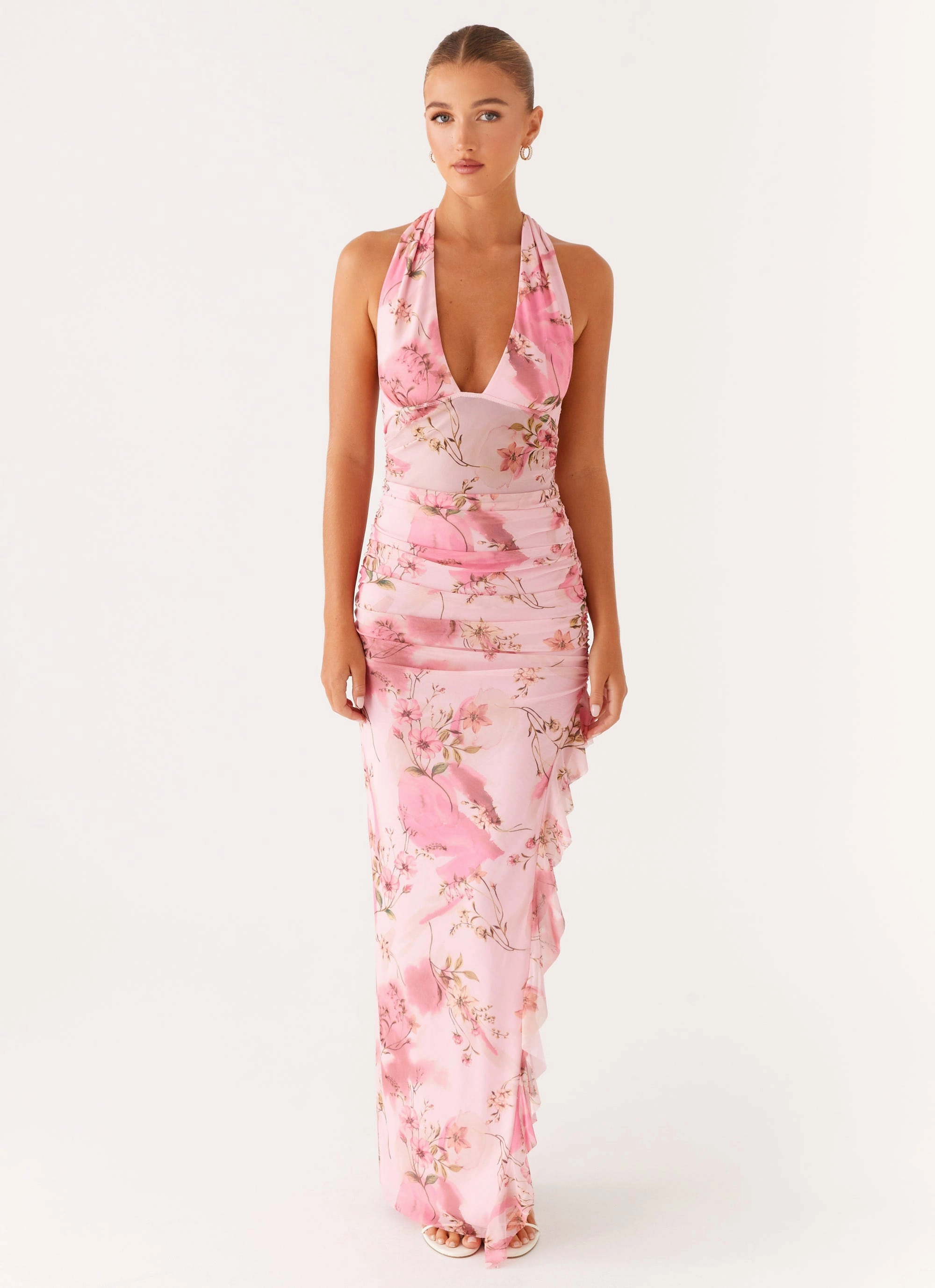 Micca Halter Maxi Dress - Pink Floral Print Evening-Wear Bold Touches
