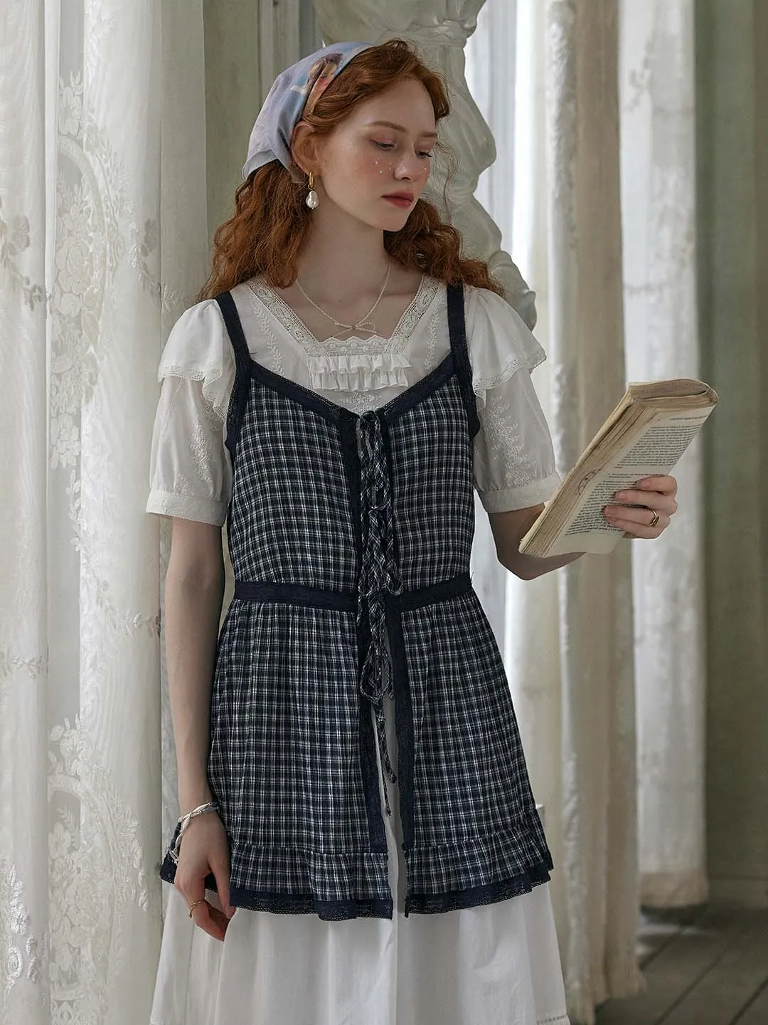 Alaya Checkered Contrast Lace Bow Tie Cotton Top Flattering Drape Sporty Hoodie