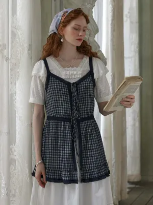 Alaya Checkered Contrast Lace Bow Tie Cotton Top EcoCertified Material