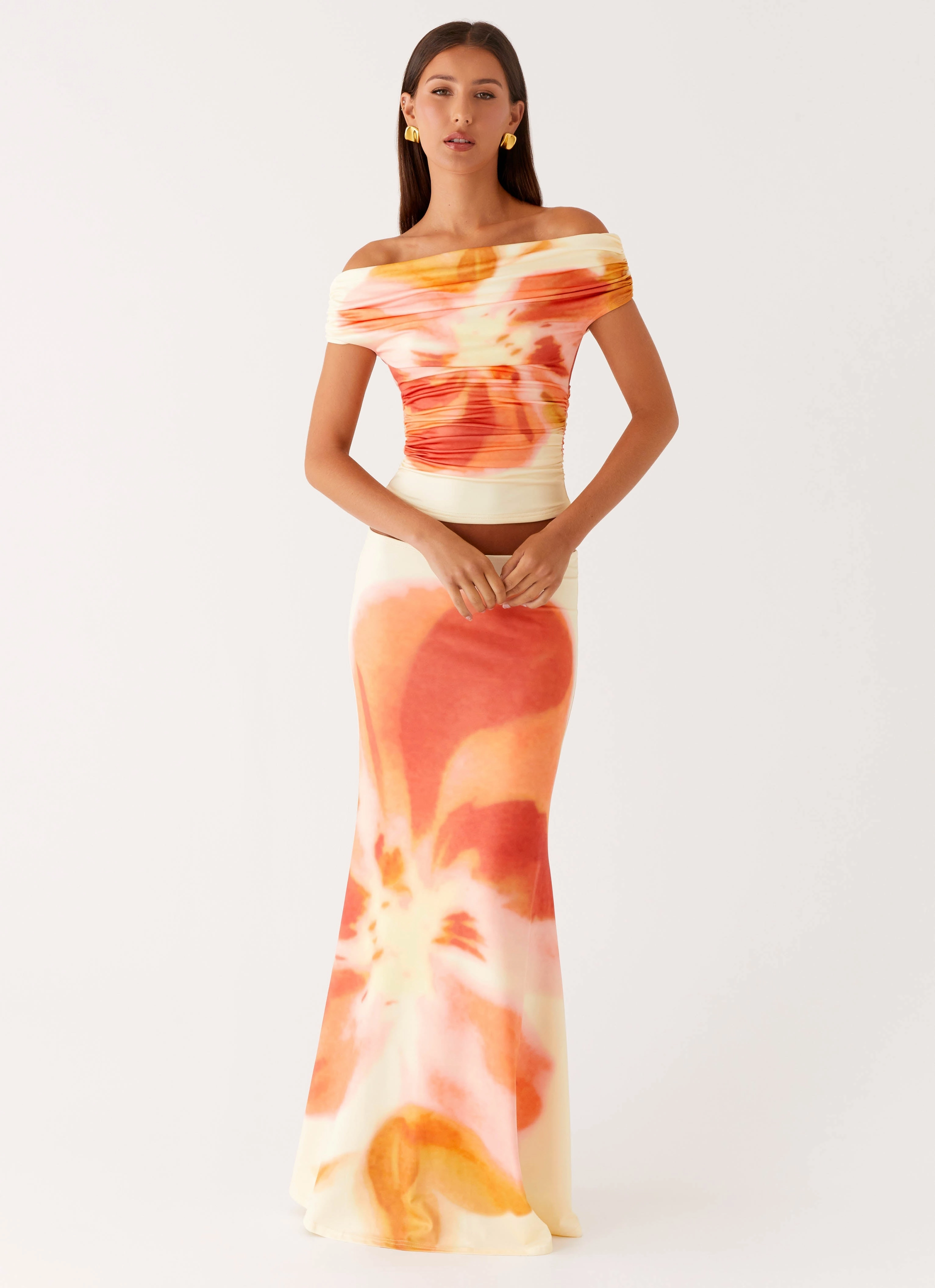 All Over Print Technique Moka Off Shoulder Top - Mimosa Blossom