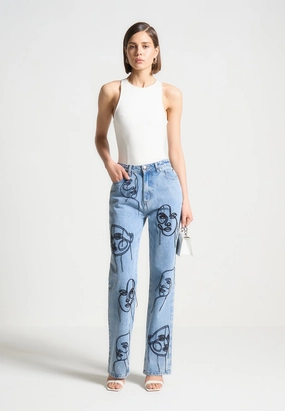 Audrey - Line Art Straight Leg Jeans - Mid Blue Vintage Wash Perfect Waistband
