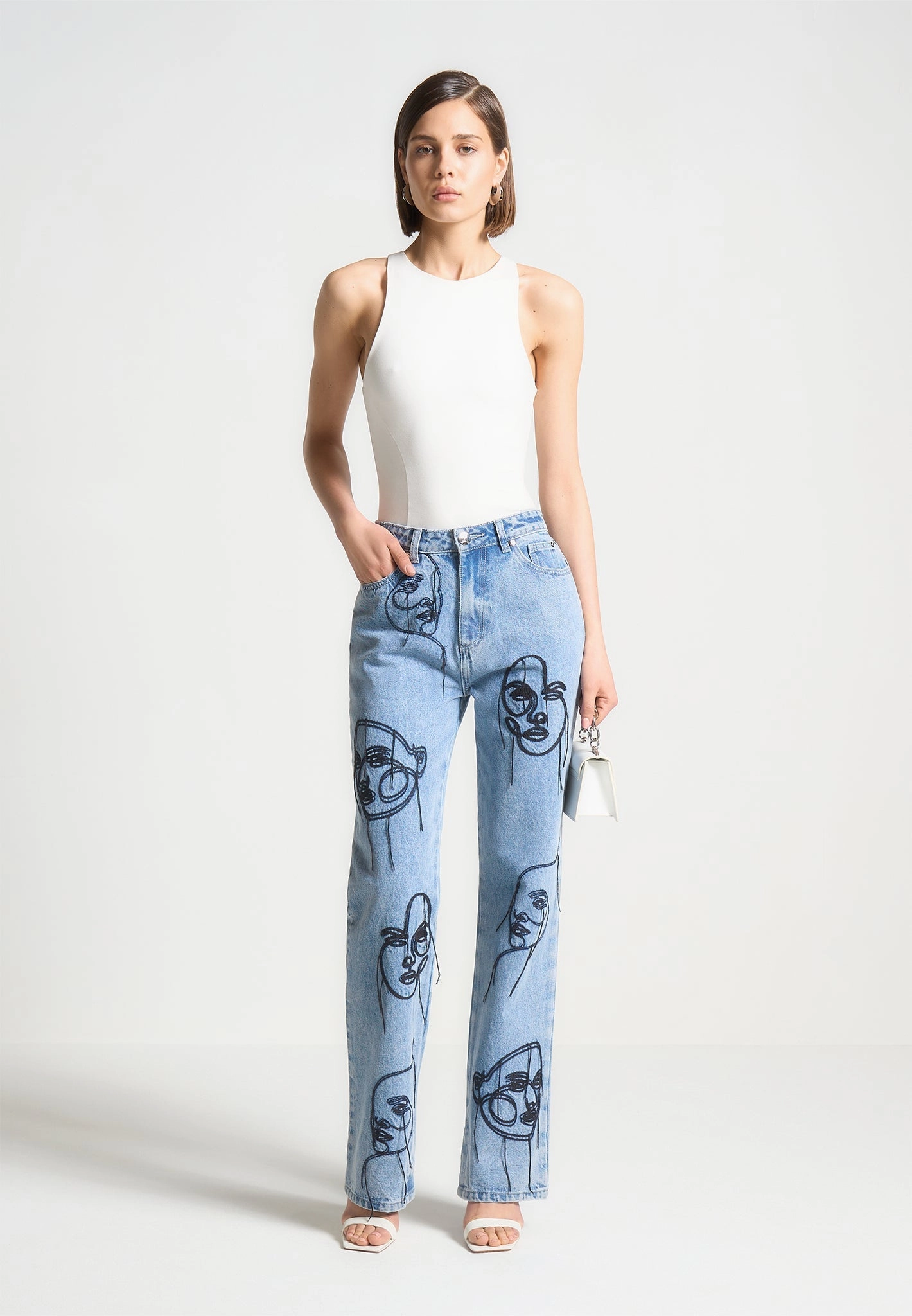 Audrey - Line Art Straight Leg Jeans - Mid Blue Vintage Wash Perfect Waistband