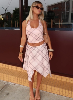Fringe Detail Fit Check Midi Skirt - Pink Check