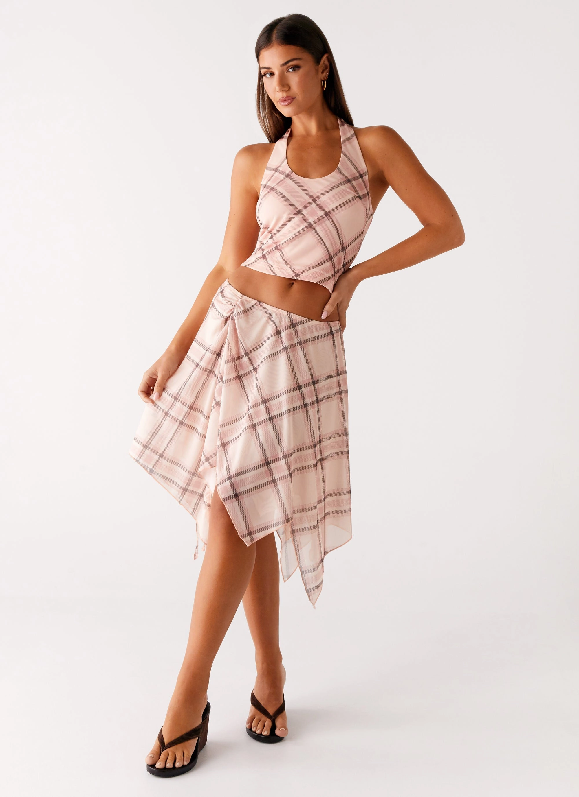 Fit Check Midi Skirt - Pink Check Drawstring closure