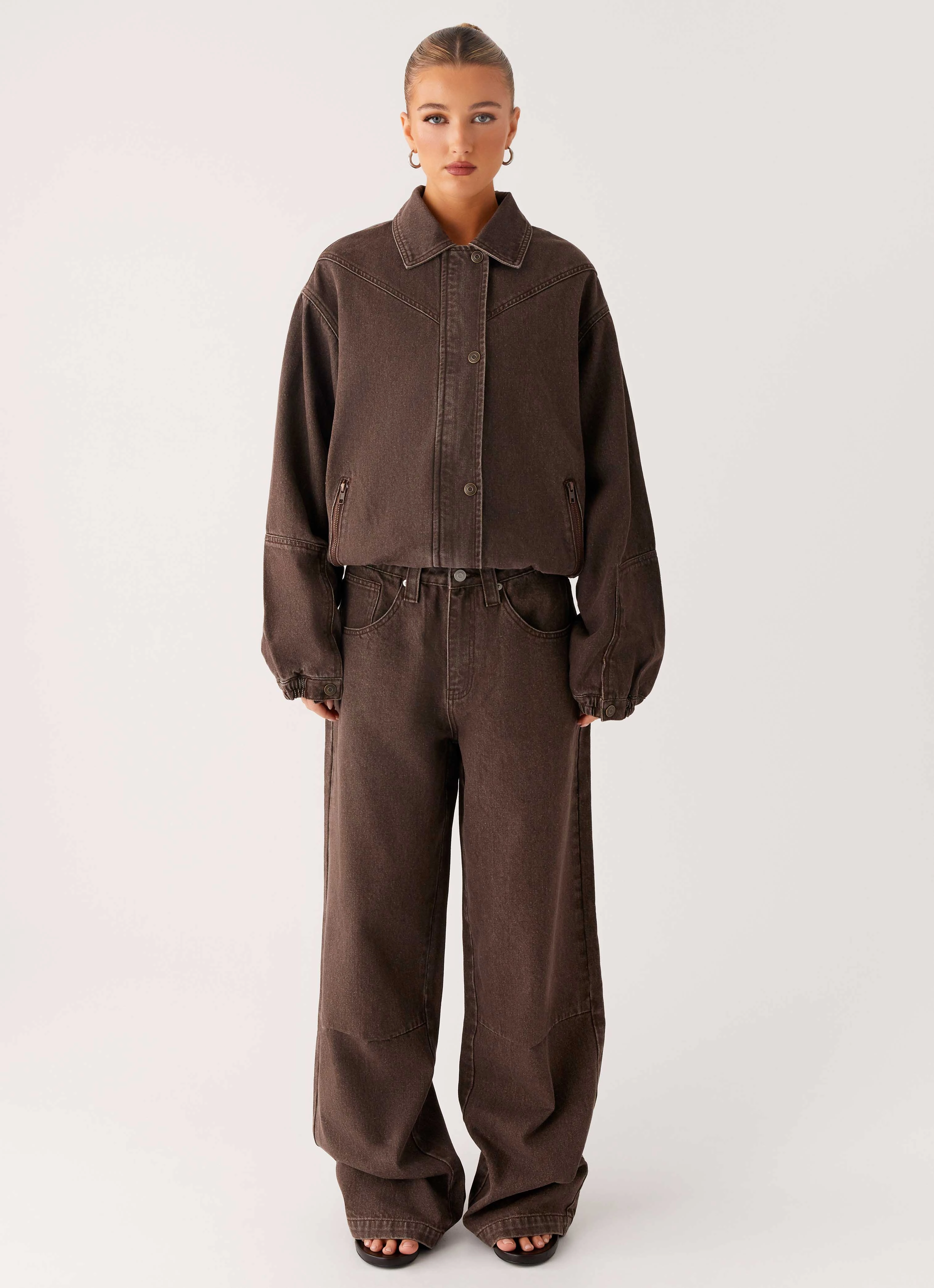 Midwest Washed Denim Bomber Jacket - Light Wash Chocolate Ornamental Layer Comfort