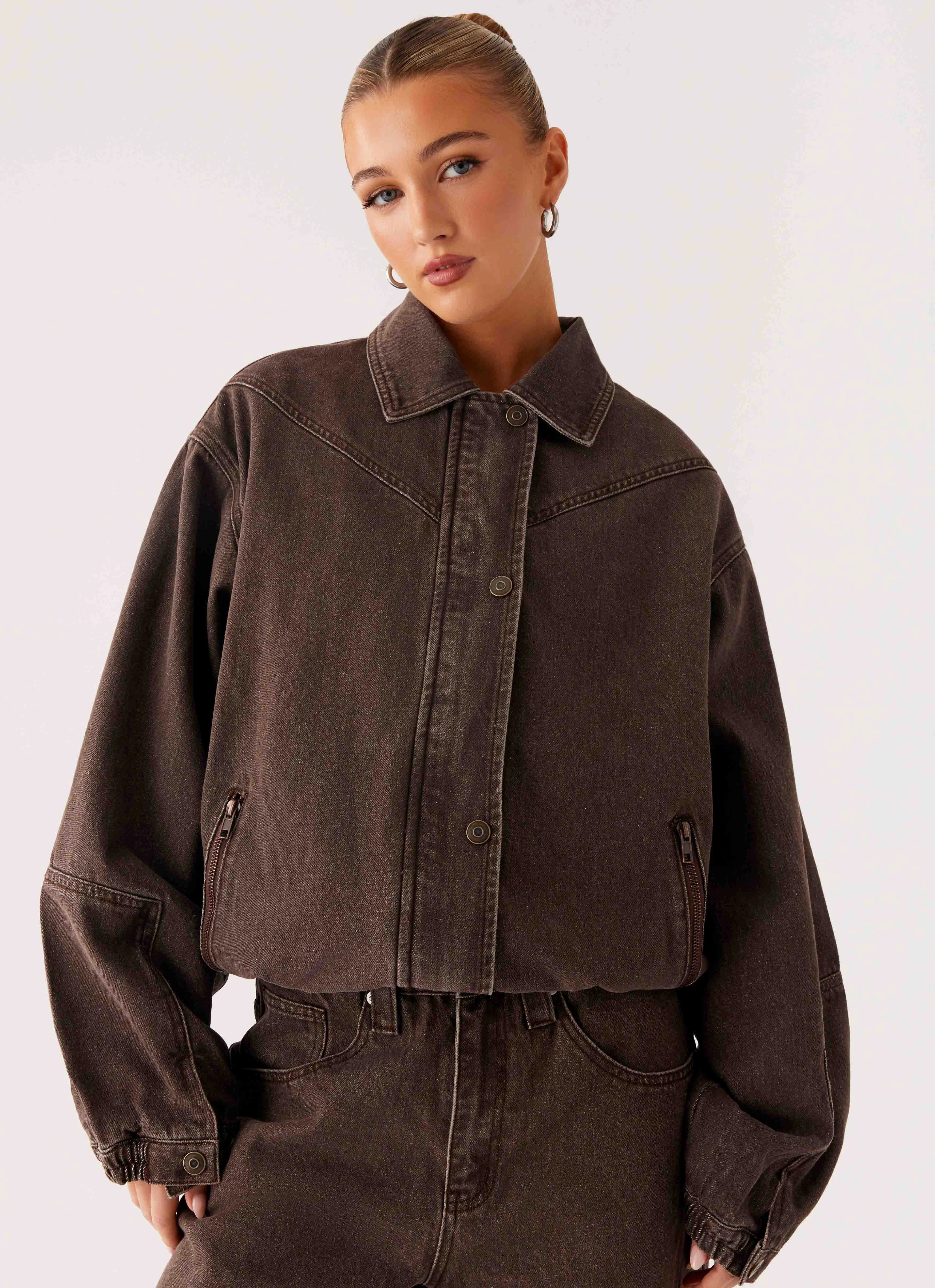 Midwest Washed Denim Bomber Jacket - Light Wash Chocolate Magnetism Weather Guard