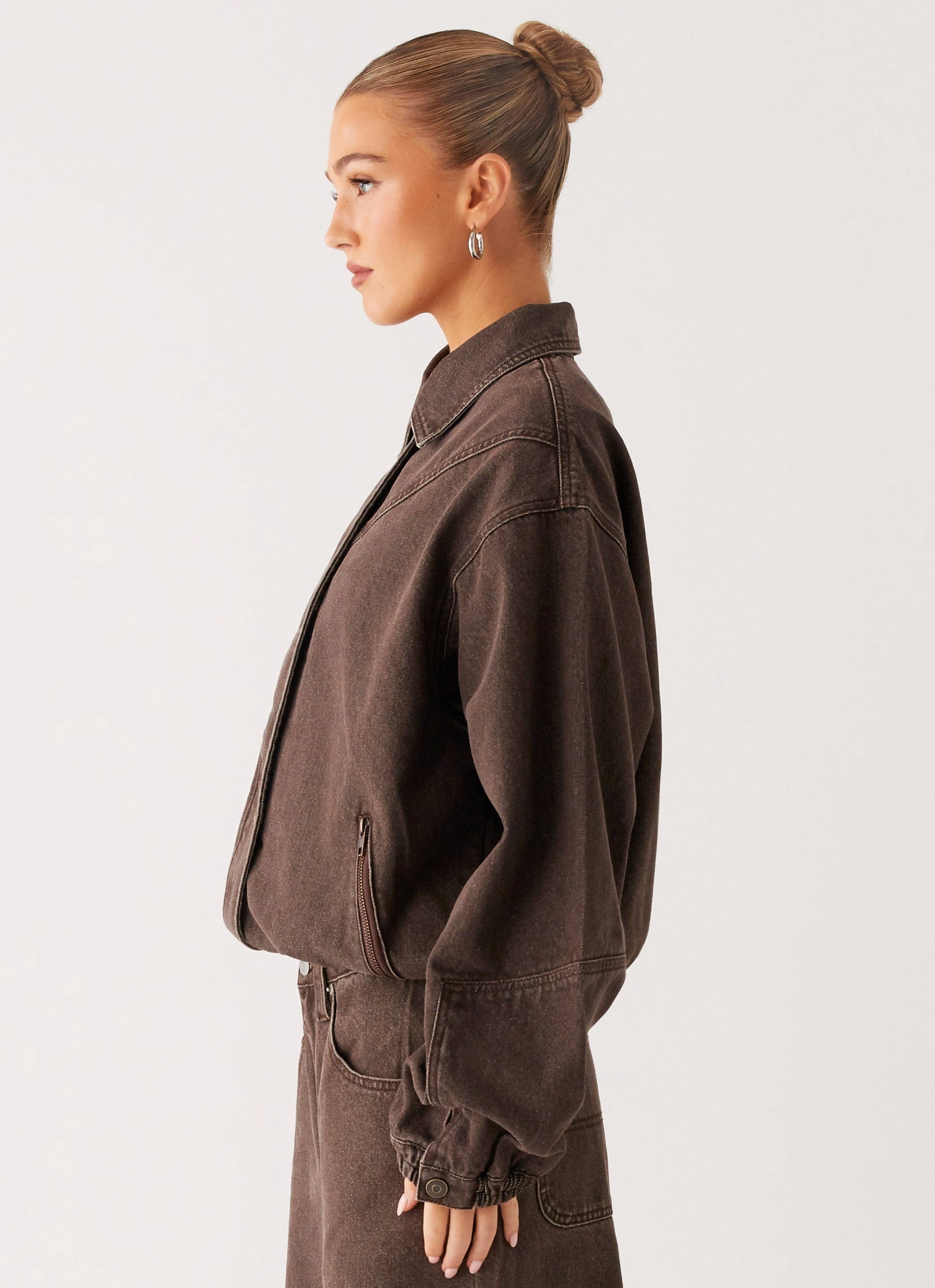 Midwest Washed Denim Bomber Jacket - Light Wash Chocolate Functional