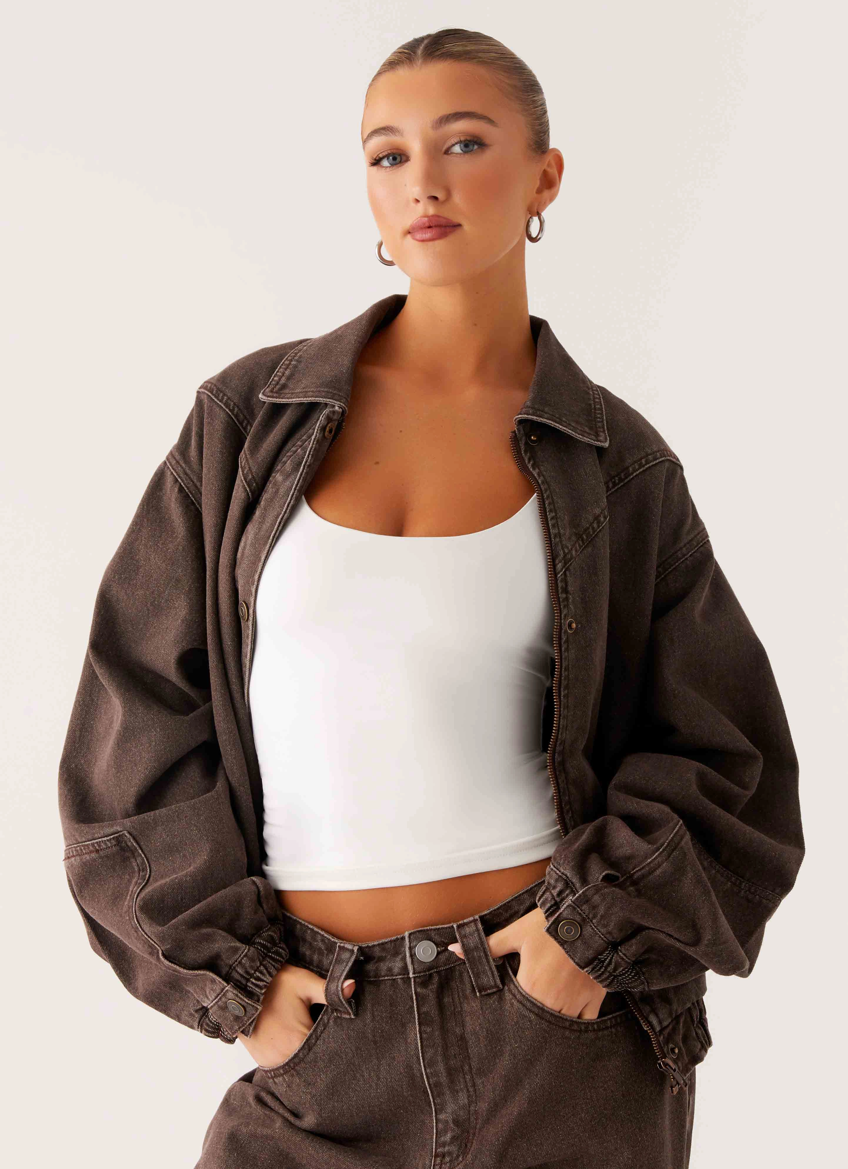 Midwest Washed Denim Bomber Jacket - Light Wash Chocolate Classic Jacket Adjustable Hood