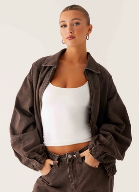 Midwest Washed Denim Bomber Jacket - Light Wash Chocolate Classic Jacket Adjustable Hood
